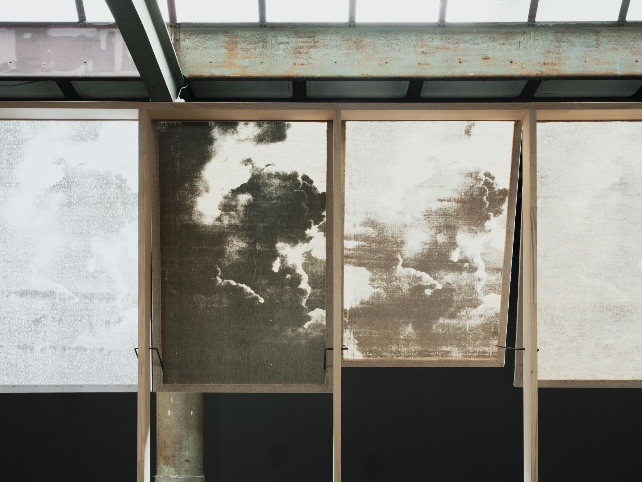 Exhibition View Solo Show Edit Oderbolz «I Have No Roots in This Life; view on Edit Oderbolz, WolkeWolke (Detail), 2024, Wood, fabric, metal, Dimensions variable» at Kunsthalle Arbon, Arbon, 2024 / Photo: Ladina Bischof / Courtesy: The artist and Kunsthalle Arbon