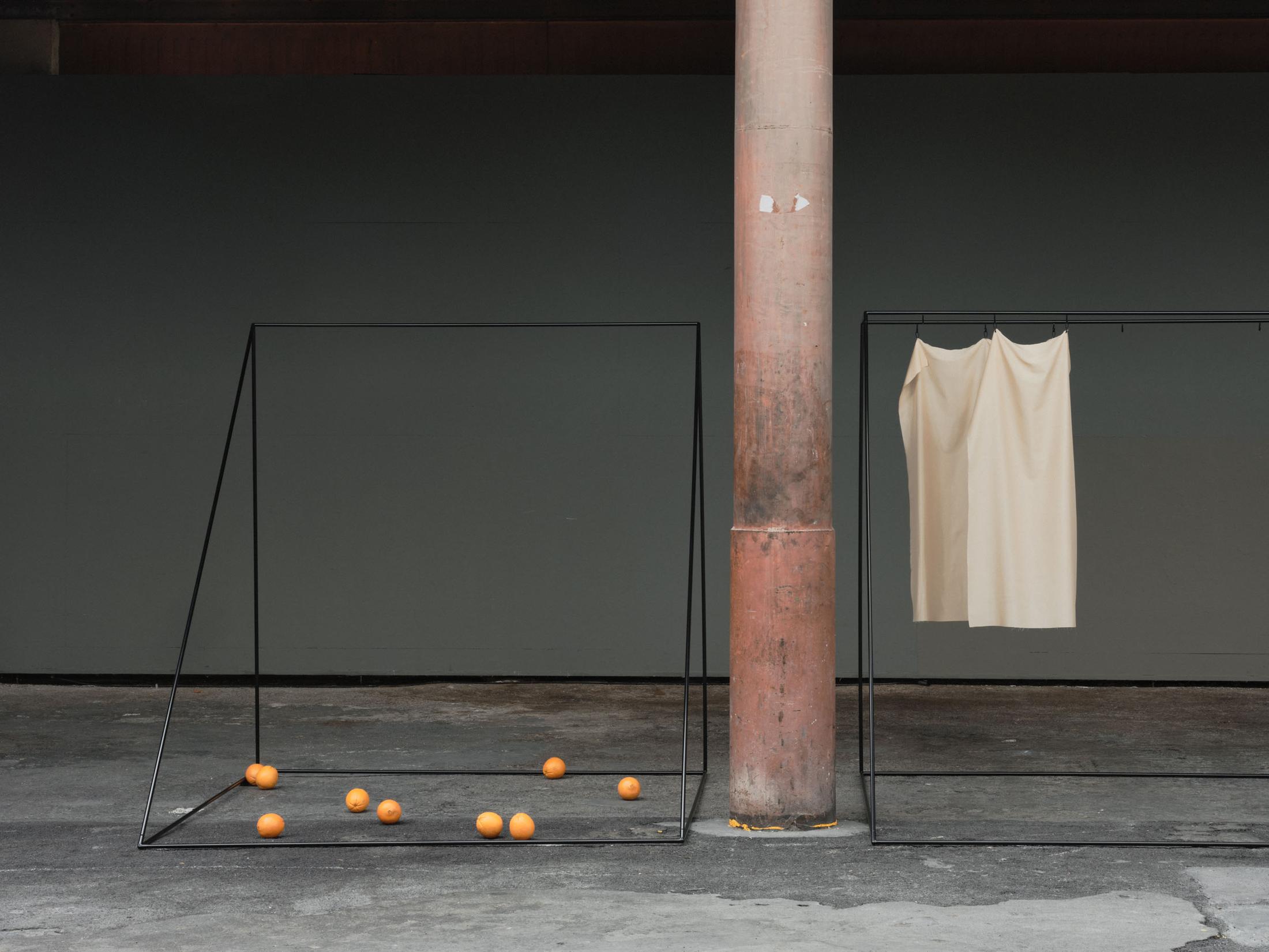 Exhibition View Solo Show Edit Oderbolz «I Have No Roots in This Life; view on Edit Oderbolz, I Hear the Cold (Detail), 2024, (4-part) Metal, glass, acrylic, wood, fabric 2 x 2 x 2 m each» at Kunsthalle Arbon, Arbon, 2024 / Photo: Ladina Bischof / Courtesy: The artist and Kunsthalle Arbon