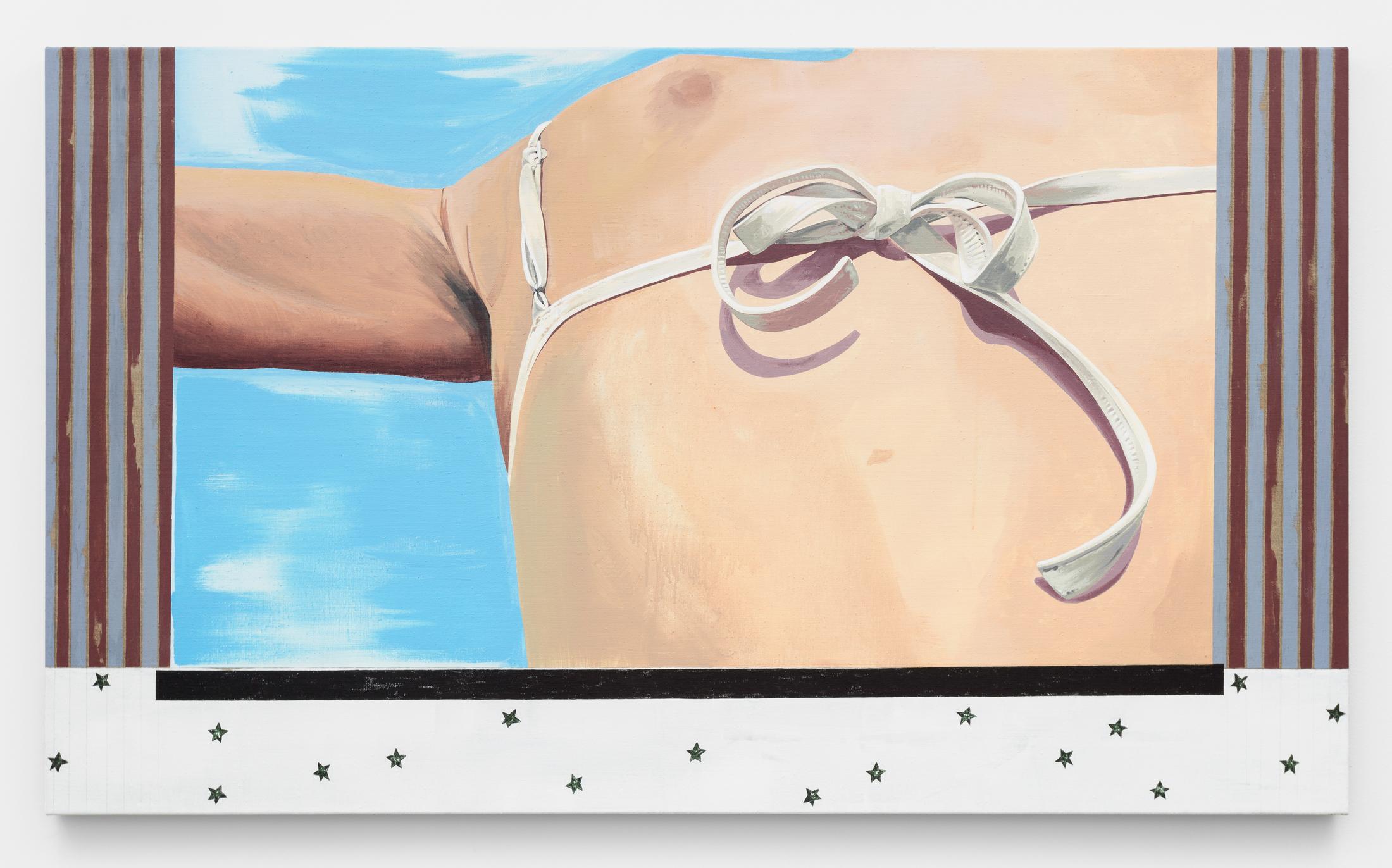 Exhibition View Solo Show Elise Corpataux «A Lifetime Waiting for Summer to Happen; view on Elise Corpataux, JUNE 3, 2023, Acrylic on canvas, 100 x 170 cm» at suns.works, Küsnacht, 2024 / Photo: Claude Barrault, Remy Ugarte Vallejos et al. / Courtesy: The artist and suns.works