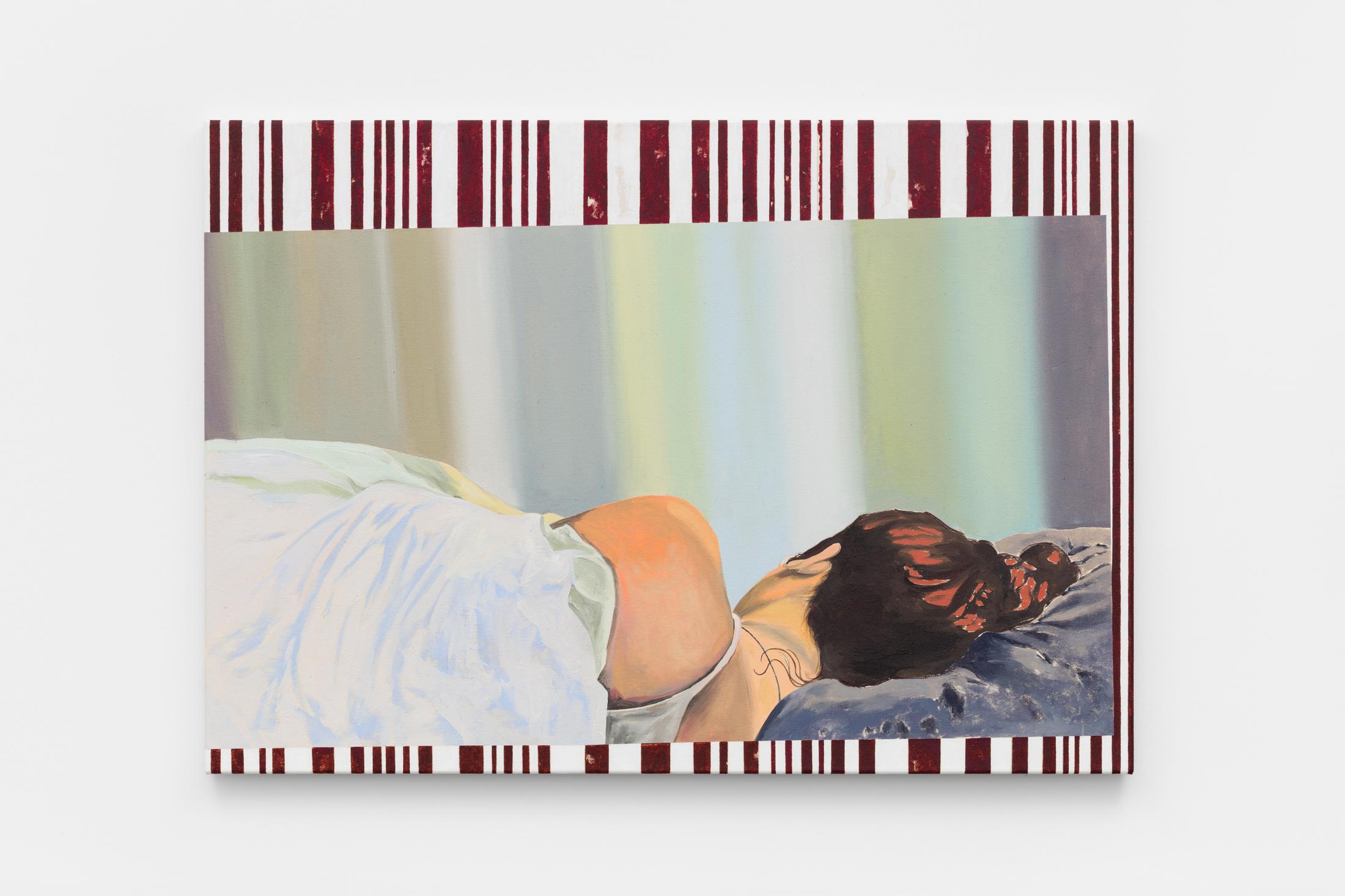 Exhibition View Solo Show Elise Corpataux «A Lifetime Waiting for Summer to Happen; view on Elise Corpataux, JUNE 3, 2023, Acrylic on canvas, 100 x 170 cm» at suns.works, Küsnacht, 2024 / Photo: Claude Barrault, Remy Ugarte Vallejos et al. / Courtesy: The artist and suns.works