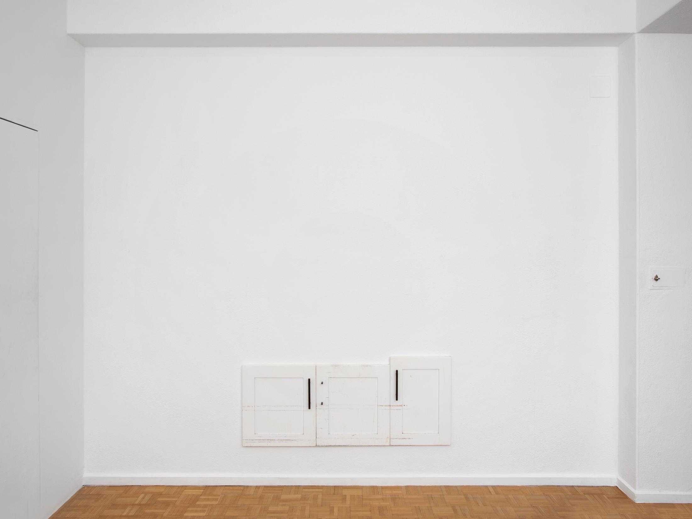 Exhibition View Emily Barker Solo Show «Wall Works; view on Emily Barker, Kitchen cabinet doors (under the sink), 2023, Wood, paint, plastic and metal, 56 x 126 x 2 cm» at Sentiment, Zurich, 2023-2024 / Photo: Philipp Rupp & Julien Gremaud / Courtesy: the artist and Sentiment