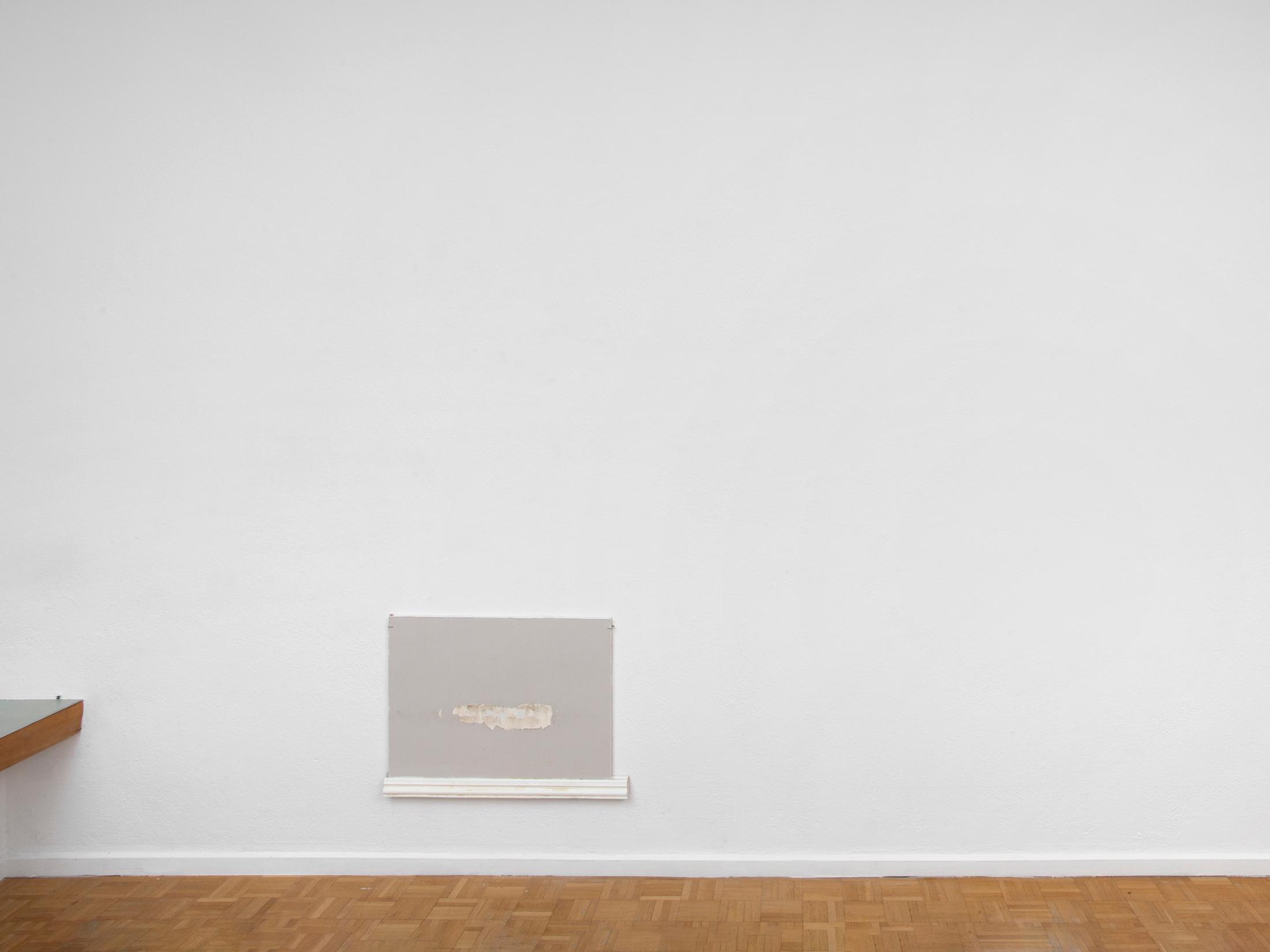 Exhibition View Emily Barker Solo Show «Wall Works; view on Emily Barker, Bathroom wall (across from the sink), 2023, Drywall and wood, 75 x 55 x 2.5 cm» at Sentiment, Zurich, 2023-2024 / Photo: Philipp Rupp & Julien Gremaud / Courtesy: the artist and Sentiment