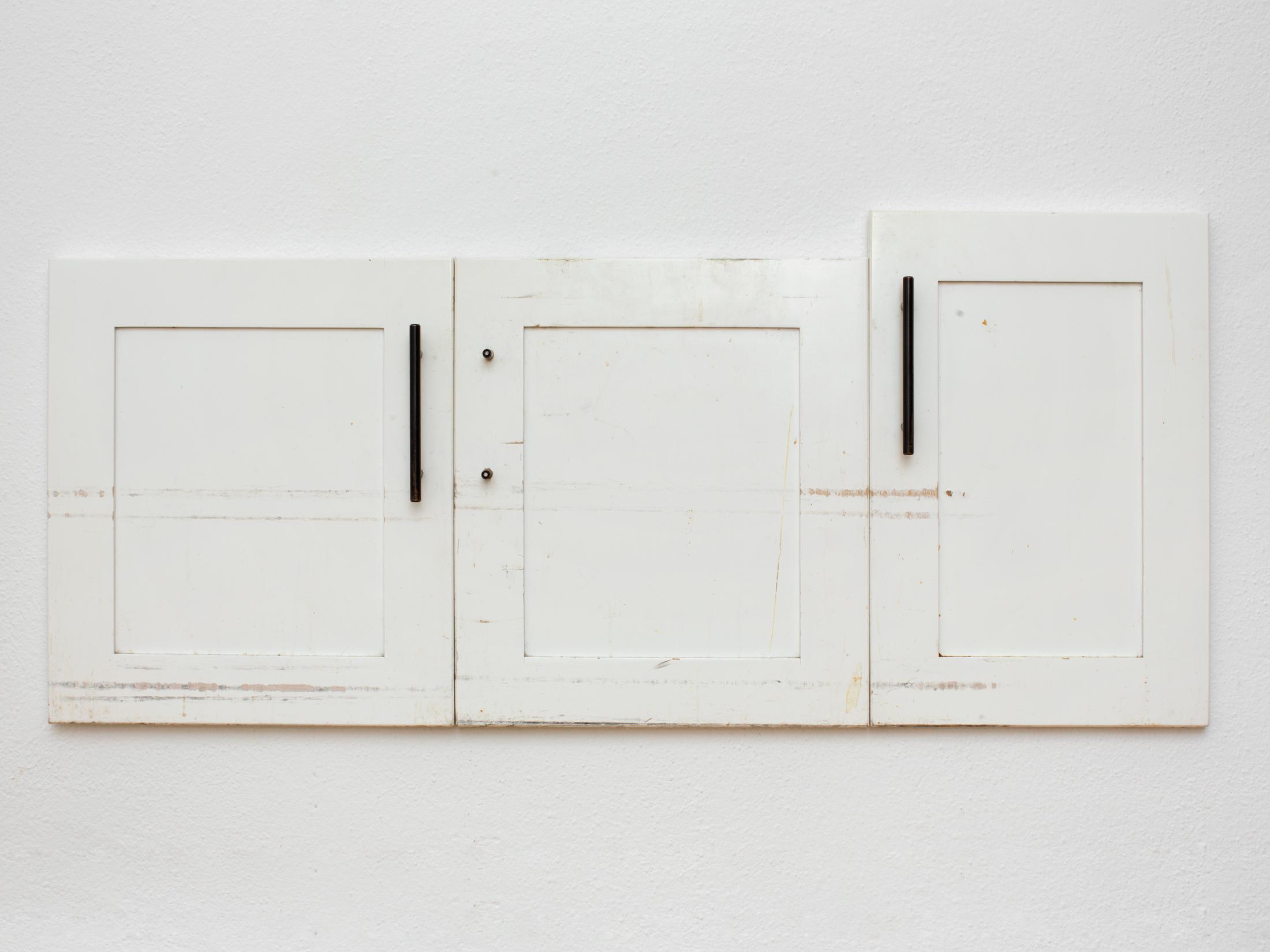 Exhibition View Emily Barker Solo Show «Wall Works; view on Emily Barker, Kitchen cabinet doors (under the sink), 2023, Wood, paint, plastic and metal, 56 x 126 x 2 cm» at Sentiment, Zurich, 2023-2024 / Photo: Philipp Rupp & Julien Gremaud / Courtesy: the artist and Sentiment