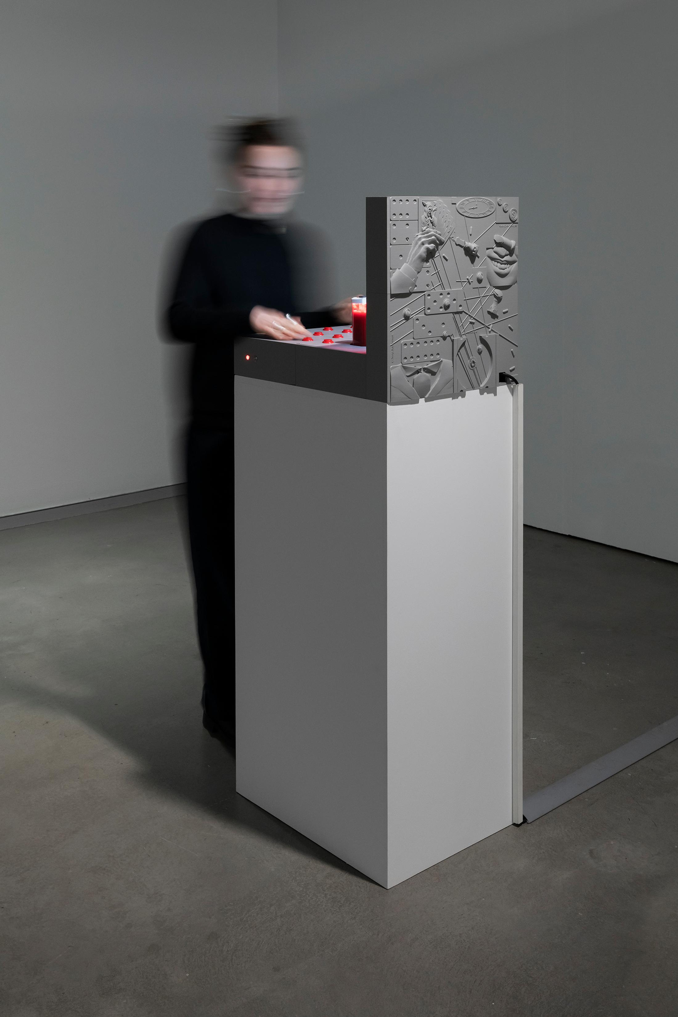 Exhibition View Group Show «Esther Hunziker, Stefan Karrer, and Alfatih; view on Alfatih, ssloop.enterprises, 2025» at HEK (House of Electronic Arts), Basel, 2025 / Photo: Franz Wamhof / Courtesy: the artists and Schweizer Medienkunst – Pax Art Awards 2024