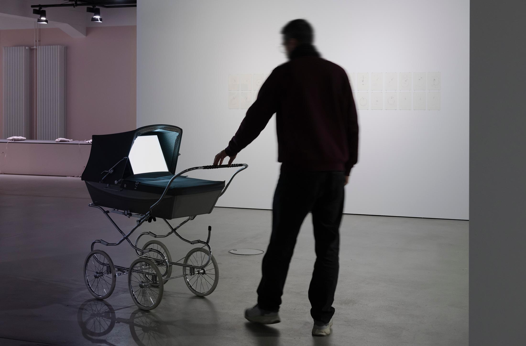 Exhibition View Group Show «Esther Hunziker, Stefan Karrer and Alfatih; view on Alfatih, Way out of time, 2024» at HEK (House of Electronic Arts), Basel, 2025 / Photo: Franz Wamhof / Courtesy: the artists and Schweizer Medienkunst – Pax Art Awards 2024