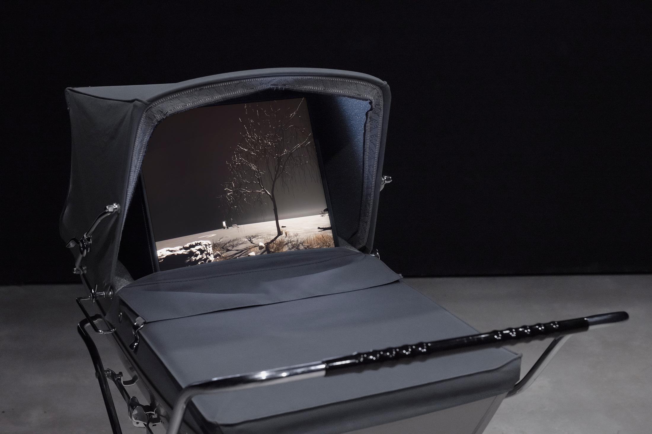 Exhibition View Group Show «Esther Hunziker, Stefan Karrer and Alfatih; view on Alfatih, Way out of time, 2024» at HEK (House of Electronic Arts), Basel, 2025 / Photo: Franz Wamhof / Courtesy: the artists and Schweizer Medienkunst – Pax Art Awards 2024