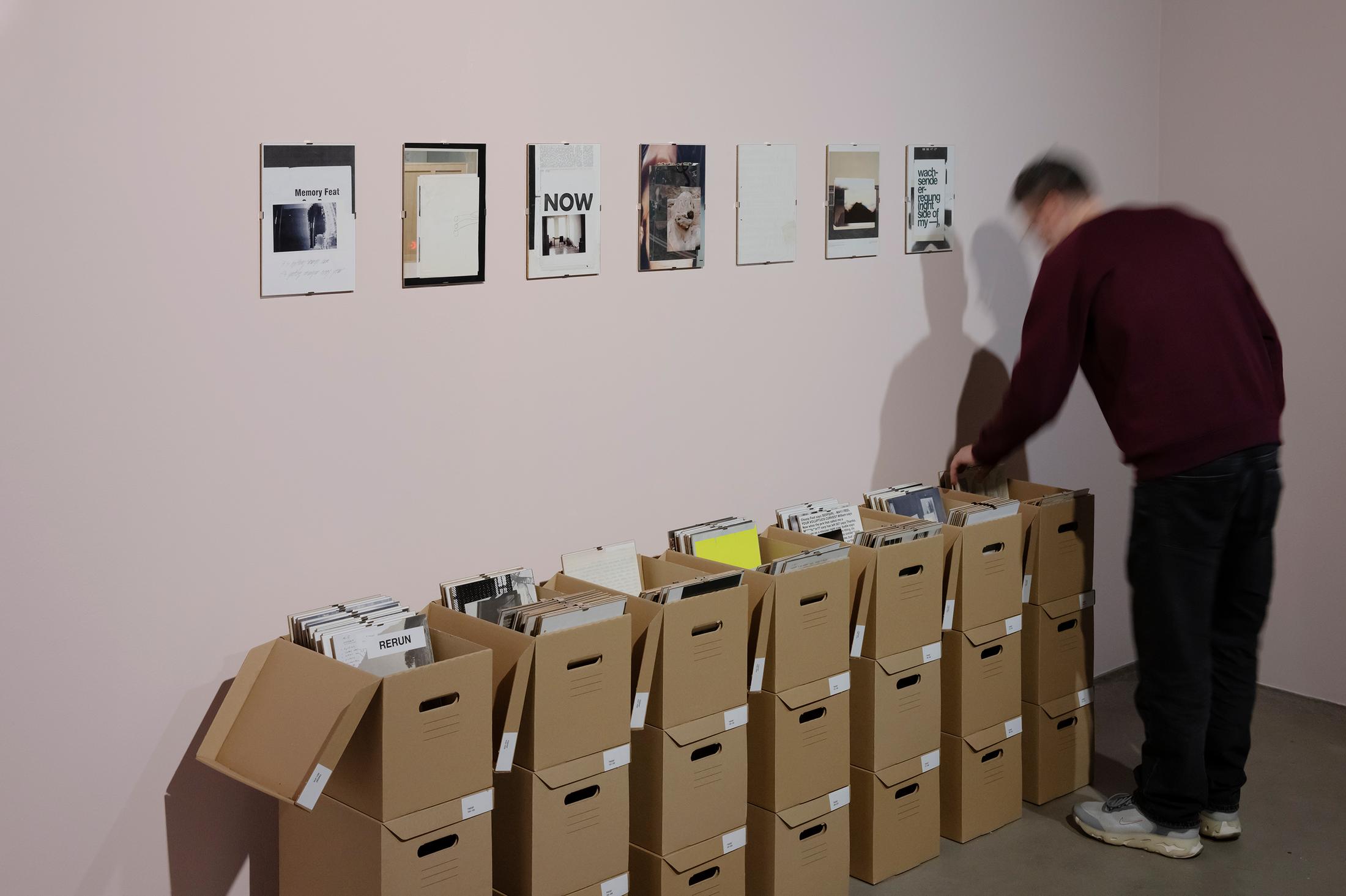 Exhibition View Group Show «Esther Hunziker, Stefan Karrer and Alfatih; view on Esther Hunziker, The Wasted Documents Showbag Frames, 2010-2025» at HEK (House of Electronic Arts), Basel, 2025 / Photo: Franz Wamhof / Courtesy: the artists and Schweizer Medienkunst – Pax Art Awards 2024