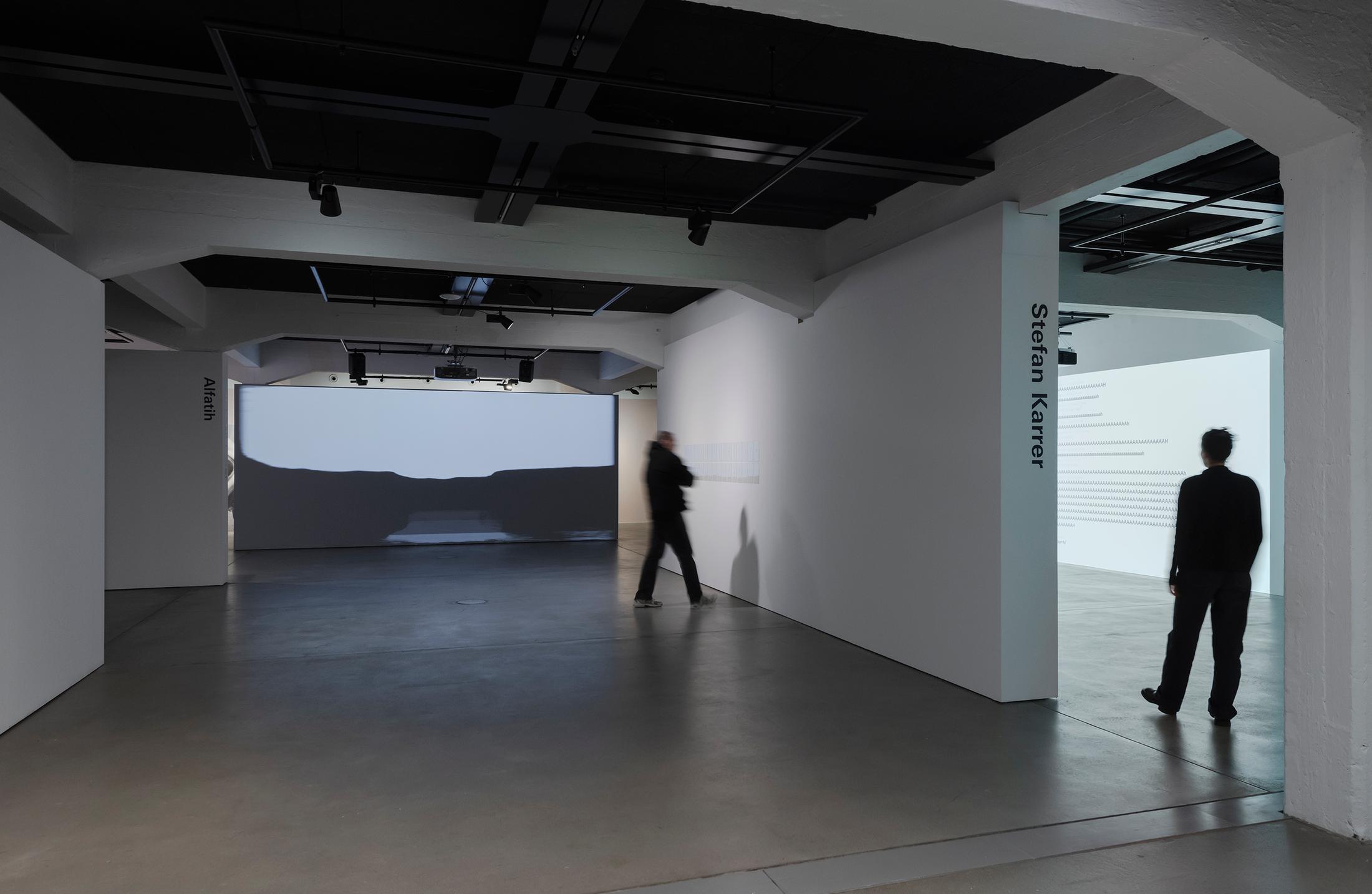 Exhibition View Group Show «Esther Hunziker, Stefan Karrer and Alfatih» at HEK (House of Electronic Arts), Basel, 2025 / Photo: Franz Wamhof / Courtesy: the artists and Schweizer Medienkunst – Pax Art Awards 2024