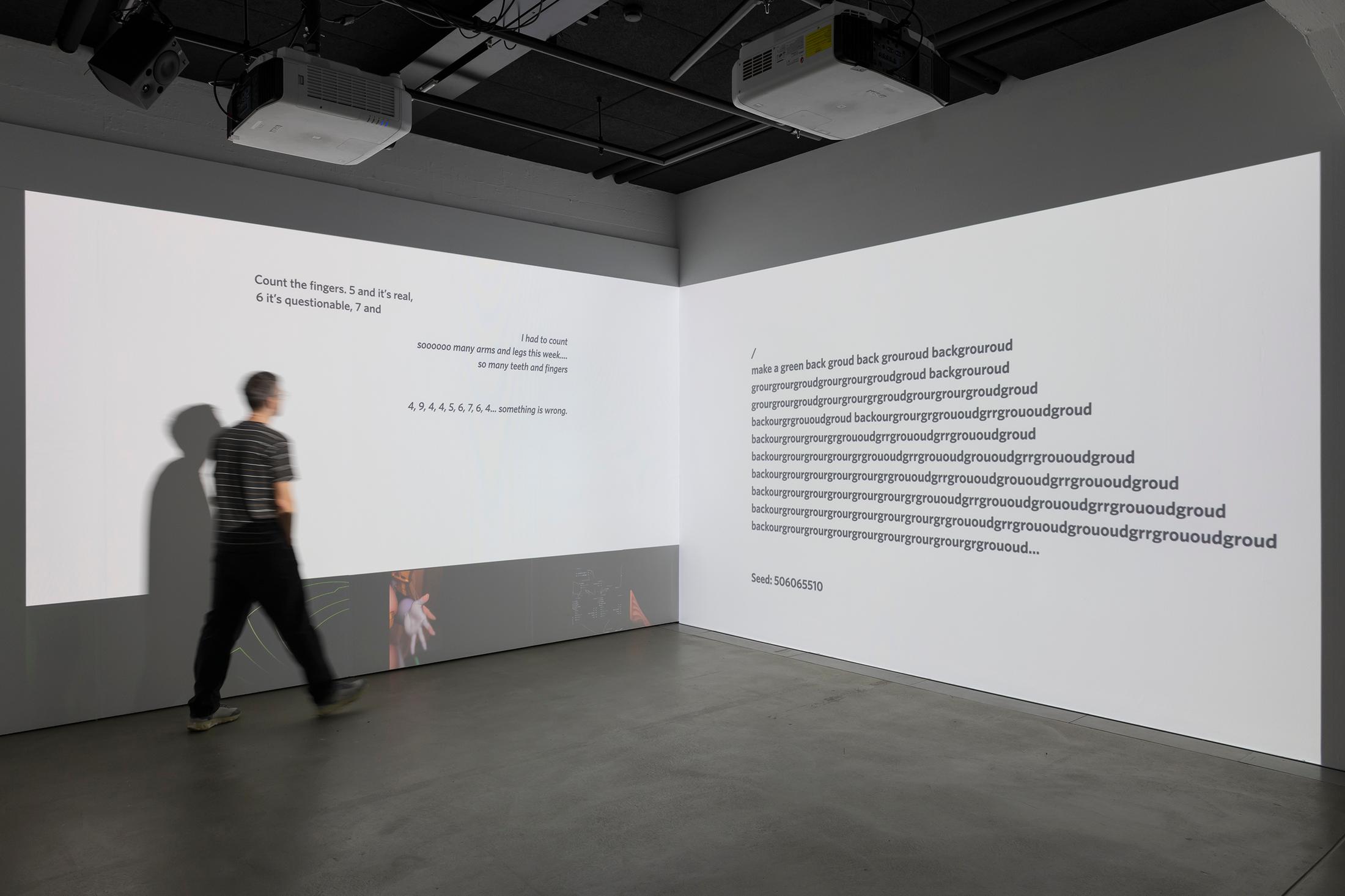 Exhibition View Group Show «Esther Hunziker, Stefan Karrer and Alfatih; view on Stefan Karrer, The Prompt Engineer, 2025» at HEK (House of Electronic Arts), Basel, 2025 / Photo: Franz Wamhof / Courtesy: the artists and Schweizer Medienkunst – Pax Art Awards 2024
