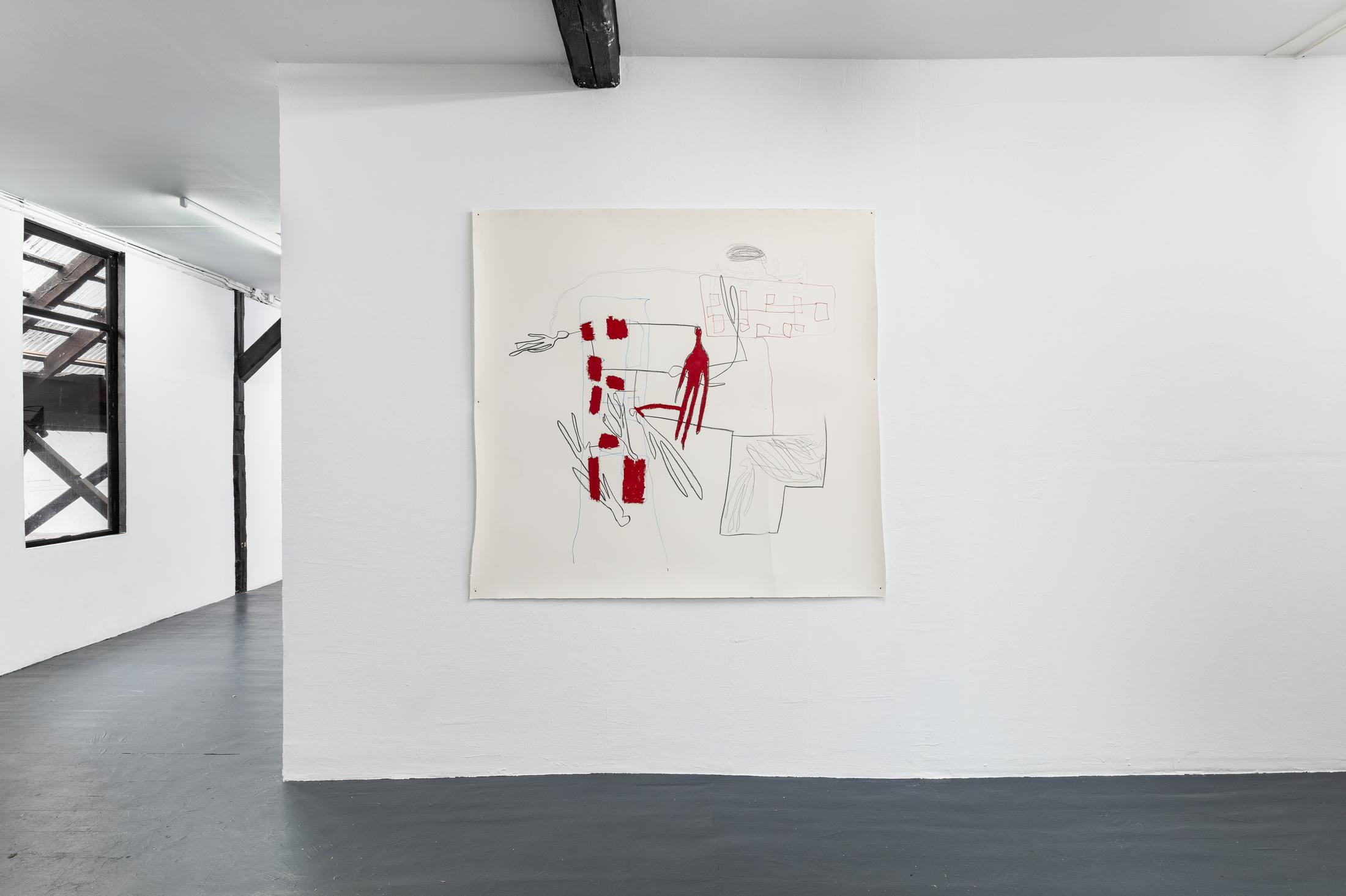 Exhibition View Solo Show «Fatima Moallim; view on Fatima Moallim, PRETREATMENT, 2023, oil stick, marker and pencil on paper, 153 x 160 cm» at Last Tango, Zurich, 2023-2024 / Photo: Kilian Bannwart / Courtesy: the artist and Last Tango