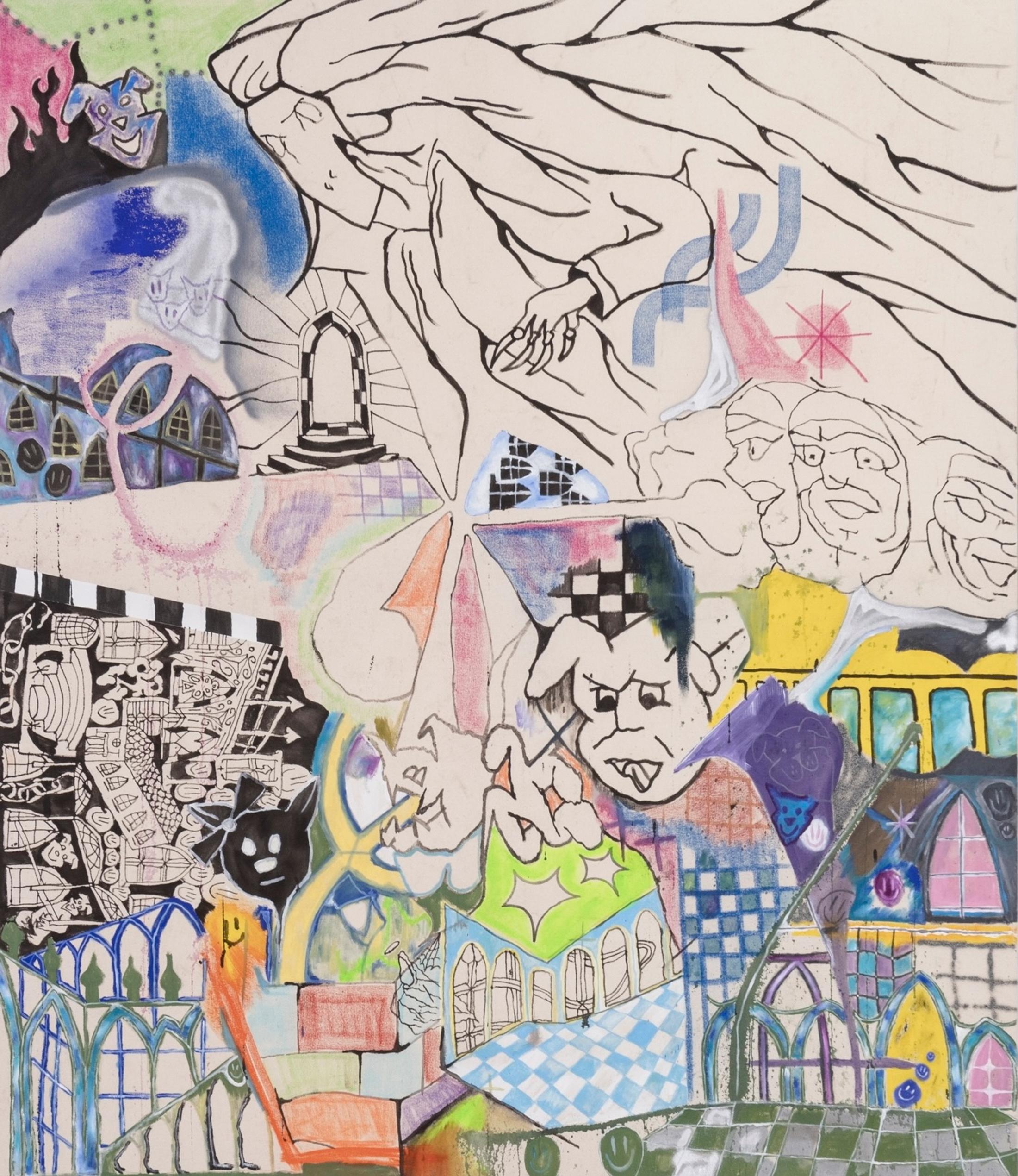 Exhibition View Solo Show Finn Massie «My Crack House is Better than Yours ; view on Finn Massie, untitled (detail), 2025, oil, ink, pastel and charcoal, 180 x 150 cm» at Kissed Then Burned, Geneva, 2025 / Photo: Antoni Aeby / Courtesy: the artist and Kissed Then Burned