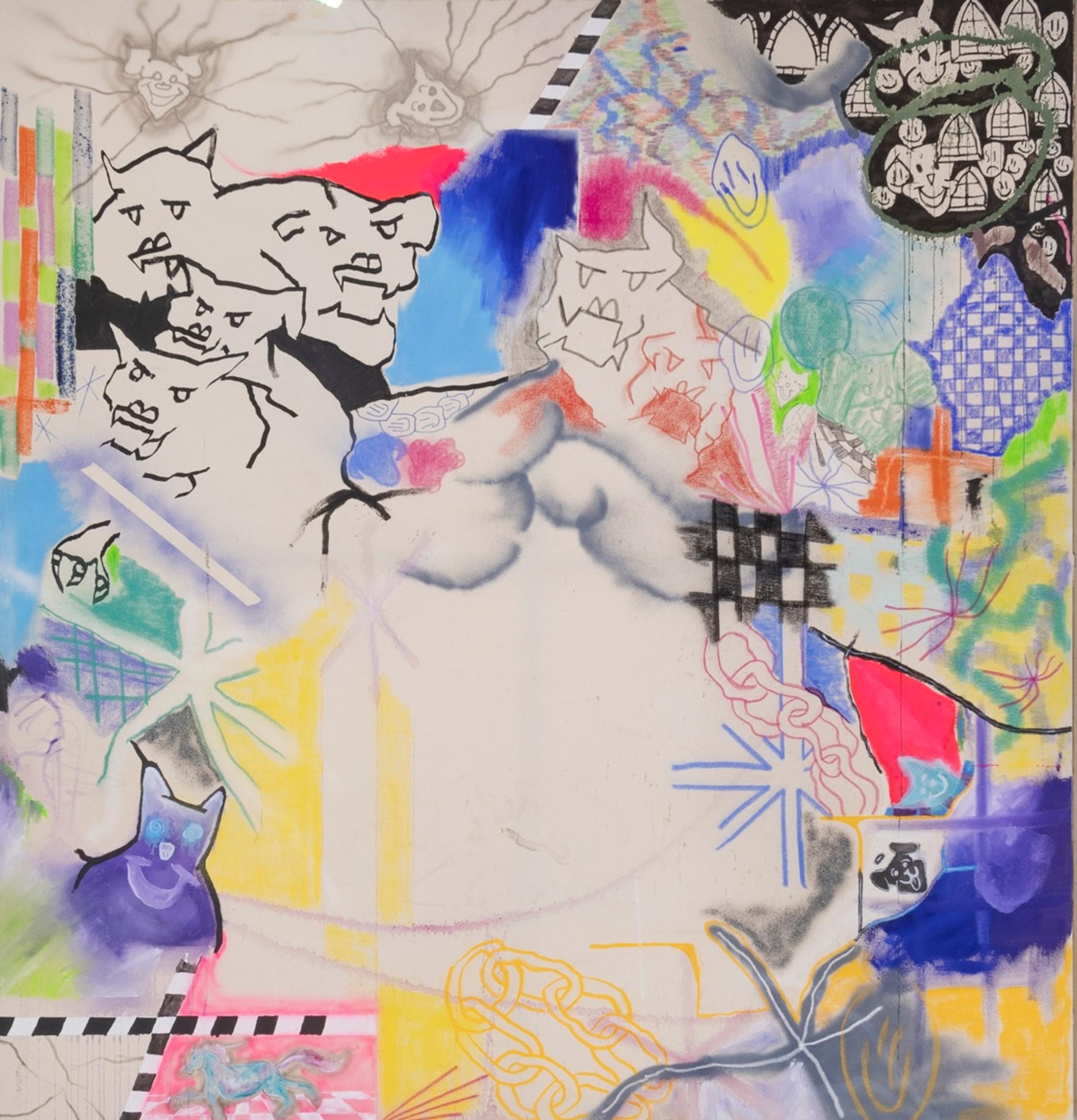 Exhibition View Solo Show Finn Massie «My Crack House is Better than Yours ; view on Finn Massie, untitled (detail), 2025, oil, acrylic, dry and wet pastel, charcoal, 205 x 195 cm» at Kissed Then Burned, Geneva, 2025 / Photo: Antoni Aeby / Courtesy: the artist and Kissed Then Burned