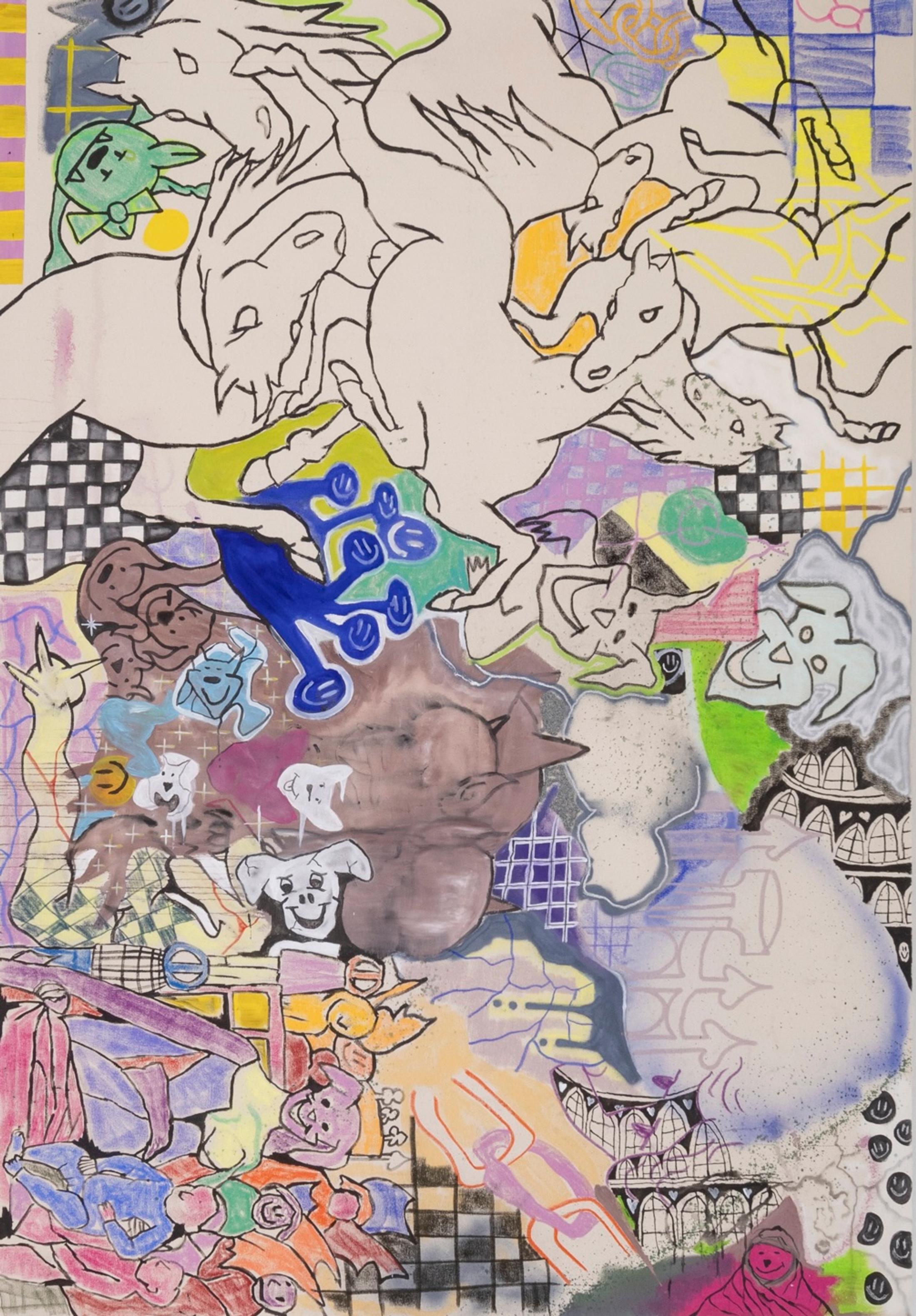 Exhibition View Solo Show Finn Massie «My Crack House is Better than Yours ; view on Finn Massie, untitled (detail), 2025, oil, acrylic, dry and wet pastel, charcoal and pigment, 260 x 180 cm» at Kissed Then Burned, Geneva, 2025 / Photo: Antoni Aeby / Courtesy: the artist and Kissed Then Burned