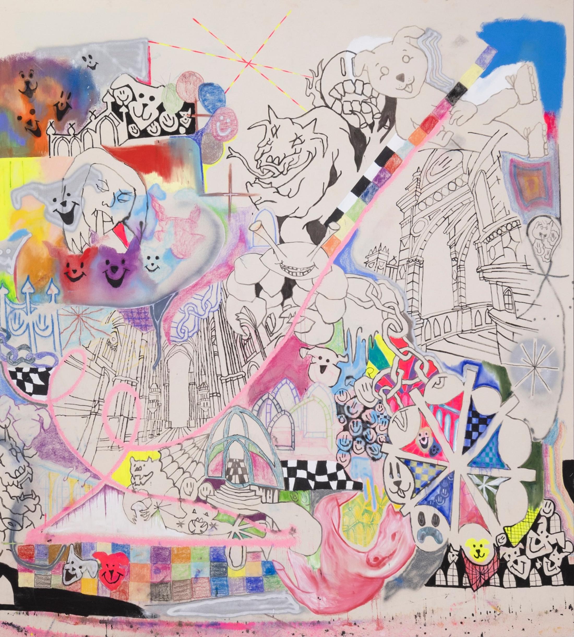 Exhibition View Solo Show Finn Massie «My Crack House is Better than Yours ; view on Finn Massie, untitled (detail), 2025, oil, acrylic, dry and wet pastel, charcoal and pigment, 280 x 255 cm» at Kissed Then Burned, Geneva, 2025 / Photo: Antoni Aeby / Courtesy: the artist and Kissed Then Burned