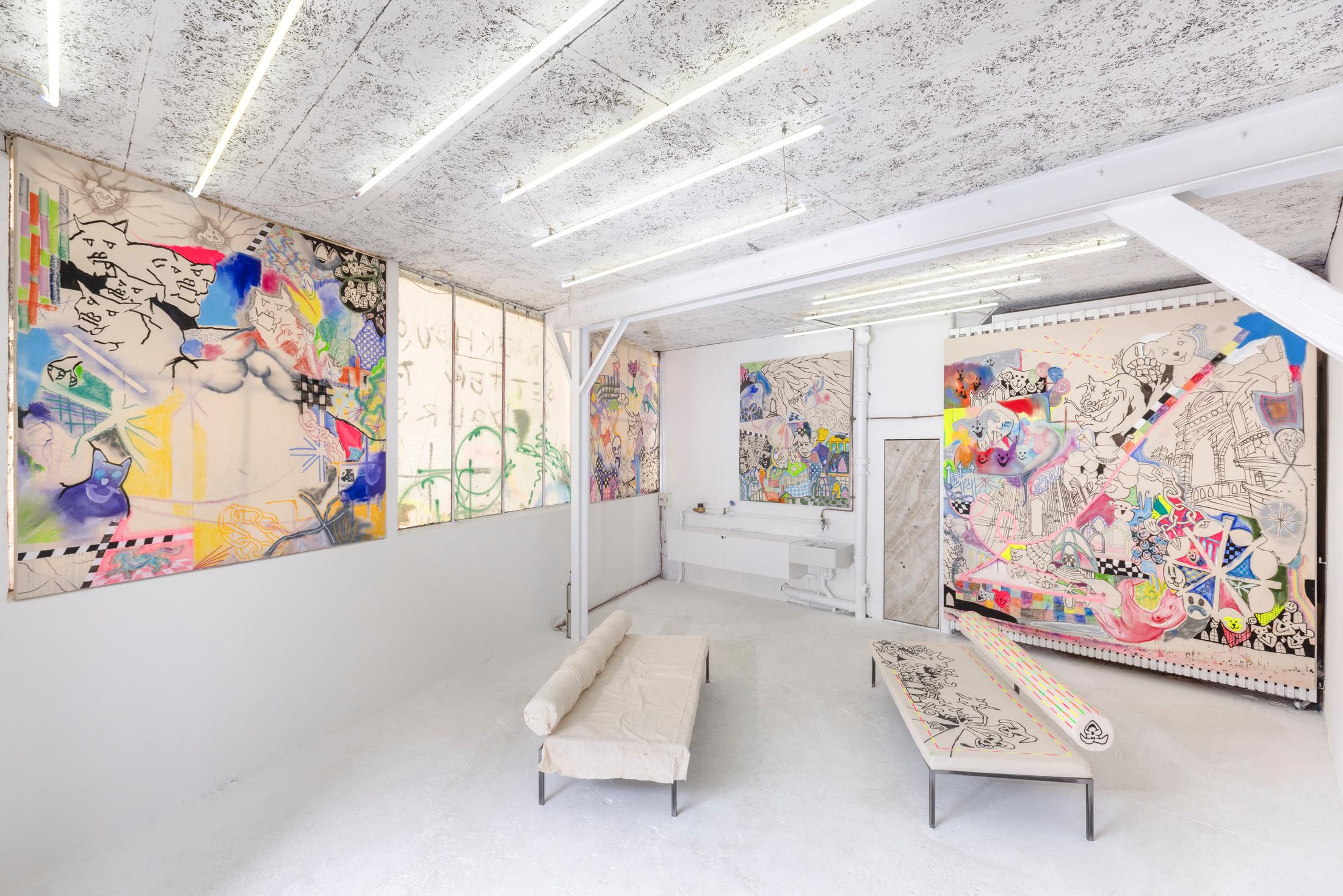 Exhibition View Solo Show Finn Massie «My Crack House is Better than Yours» at Kissed Then Burned, Geneva, 2025 / Photo: Antoni Aeby / Courtesy: the artist and Kissed Then Burned