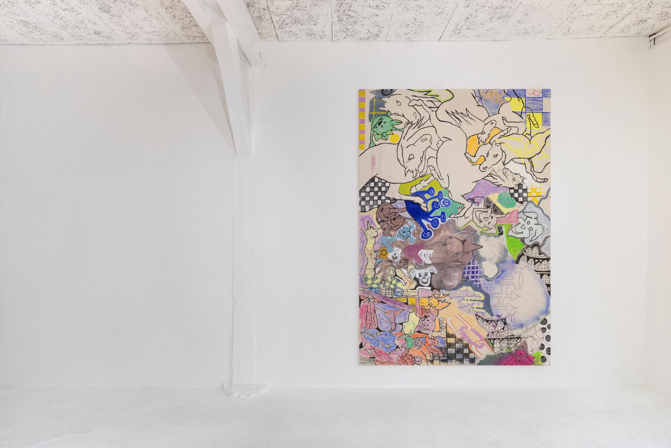 Exhibition View Solo Show Finn Massie «My Crack House is Better than Yours ; view on Finn Massie, untitled, 2025, oil, acrylic, dry and wet pastel, charcoal and pigment, 260 x 180 cm» at Kissed Then Burned, Geneva, 2025 / Photo: Antoni Aeby / Courtesy: the artist and Kissed Then Burned