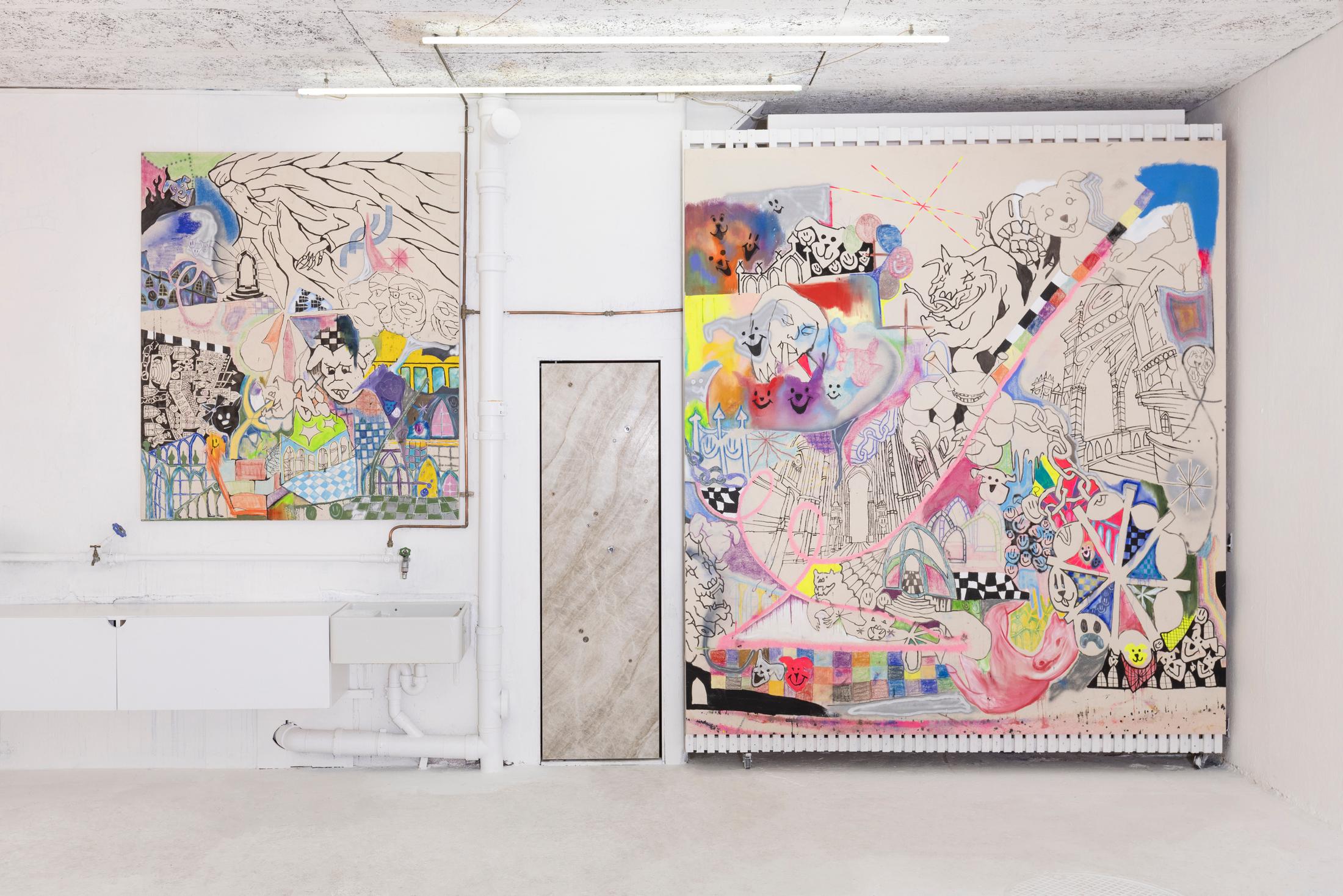 Exhibition View Solo Show Finn Massie «My Crack House is Better than Yours ; view on Finn Massie, untitled, 2025, oil, ink, pastel and charcoal, 180 x 150 cm, and untitled, 2025, oil, acrylic, dry and wet pastel, charcoal and pigment 280 x 255 cm» at Kissed Then Burned, Geneva, 2025 / Photo: Antoni Aeby / Courtesy: the artist and Kissed Then Burned
