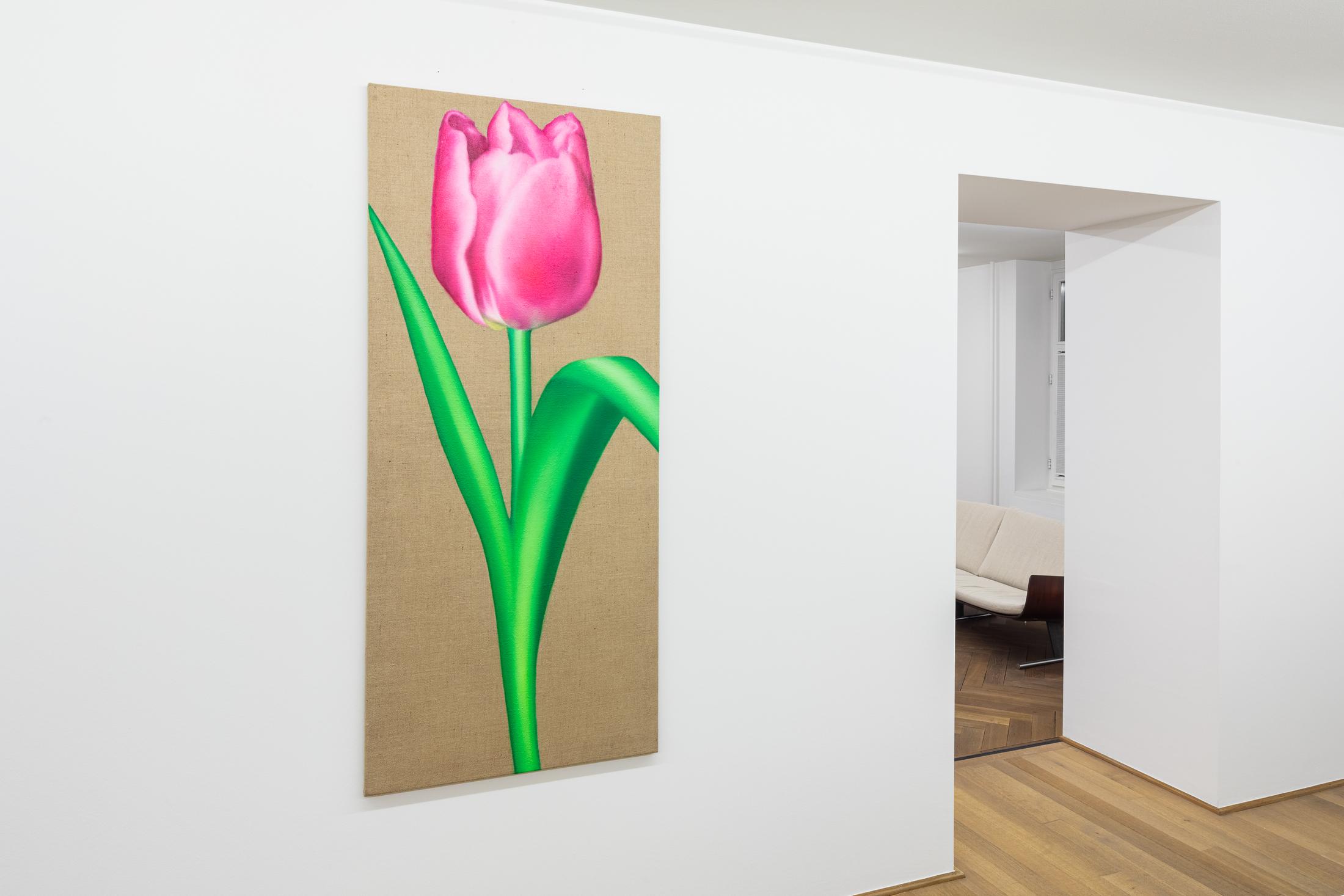 Exhibition View Solo Show Gowoon Lee «Shave and a Haircut, Two Bits. ; view on Tulip, 2024, oil on jute, 160 x 60 cm» at Mai 36 Galerie, Zürich, 2024 / Photo: Peter Baracchi / Courtesy: the artist and Mai 36 Galerie