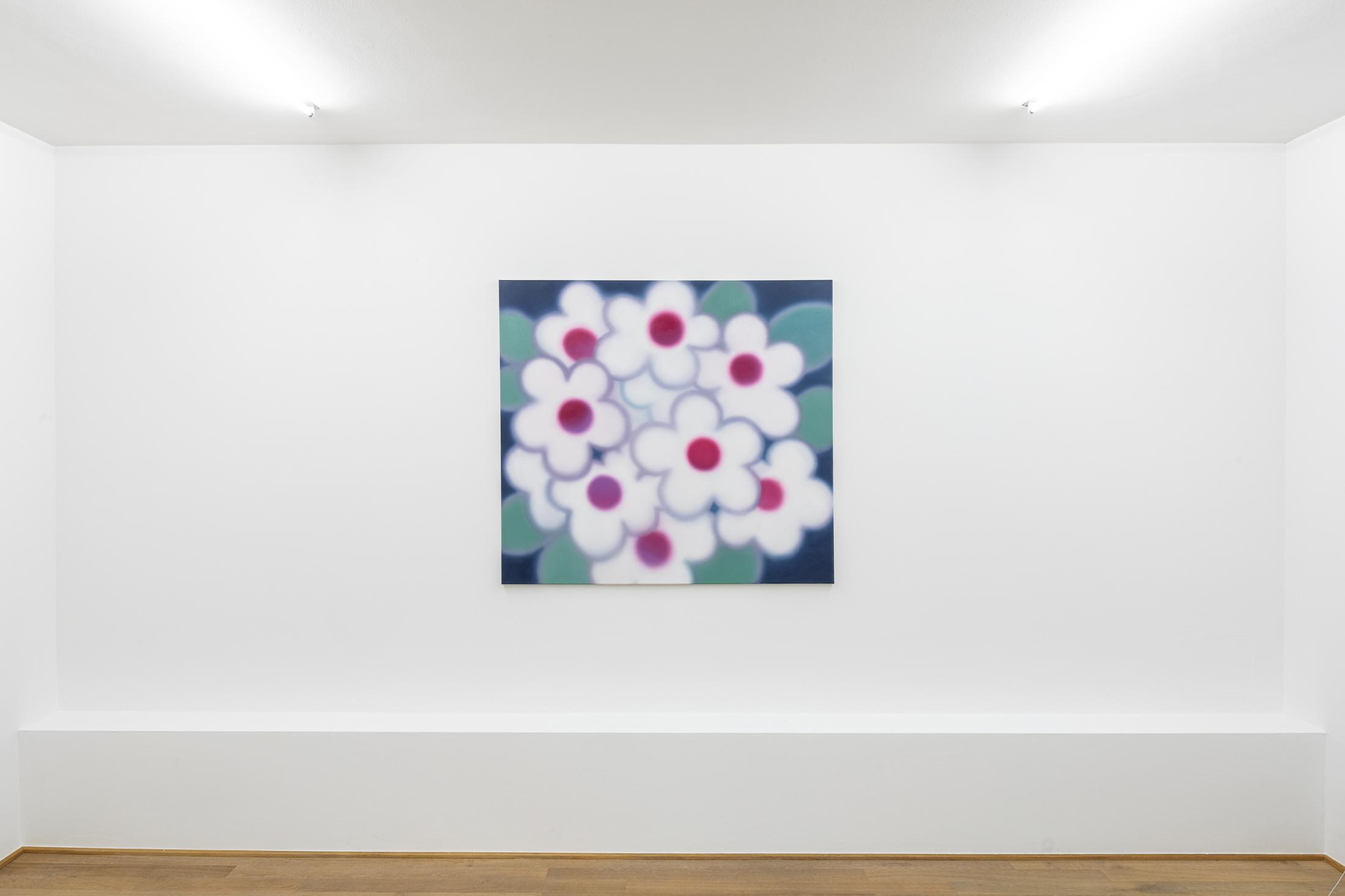 Exhibition View Solo Show Gowoon Lee «Shave and a Haircut, Two Bits. ; view on Night Flowers, 2024, oil on canvas, 120 x 120 cm» at Mai 36 Galerie, Zürich, 2024 / Photo: Peter Baracchi / Courtesy: the artist and Mai 36 Galerie