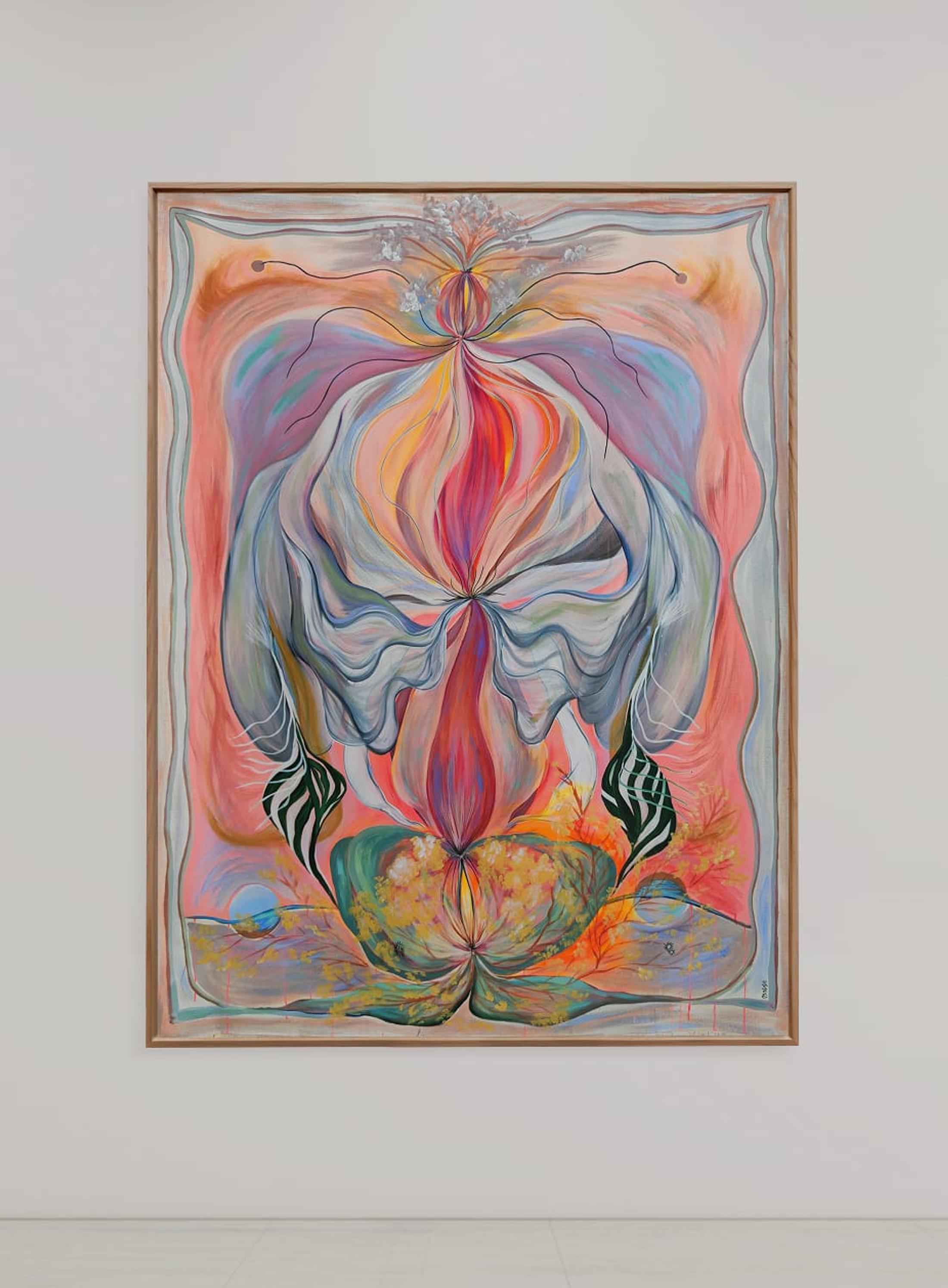 Exhibition View Solo Show Ileana Magoda «Angels of Power, Angels of Beauty ; view on Carta de la sacroileanitis crónica, 2023, acrylic on cotton, rabbit skin glue imprimatur, 198 x 144 x 2.5 cm» at Bernheim Gallery, Zurich, 2024 / Photo: Annik Wetter / Courtesy: the artist and Bernheim Zürich/London