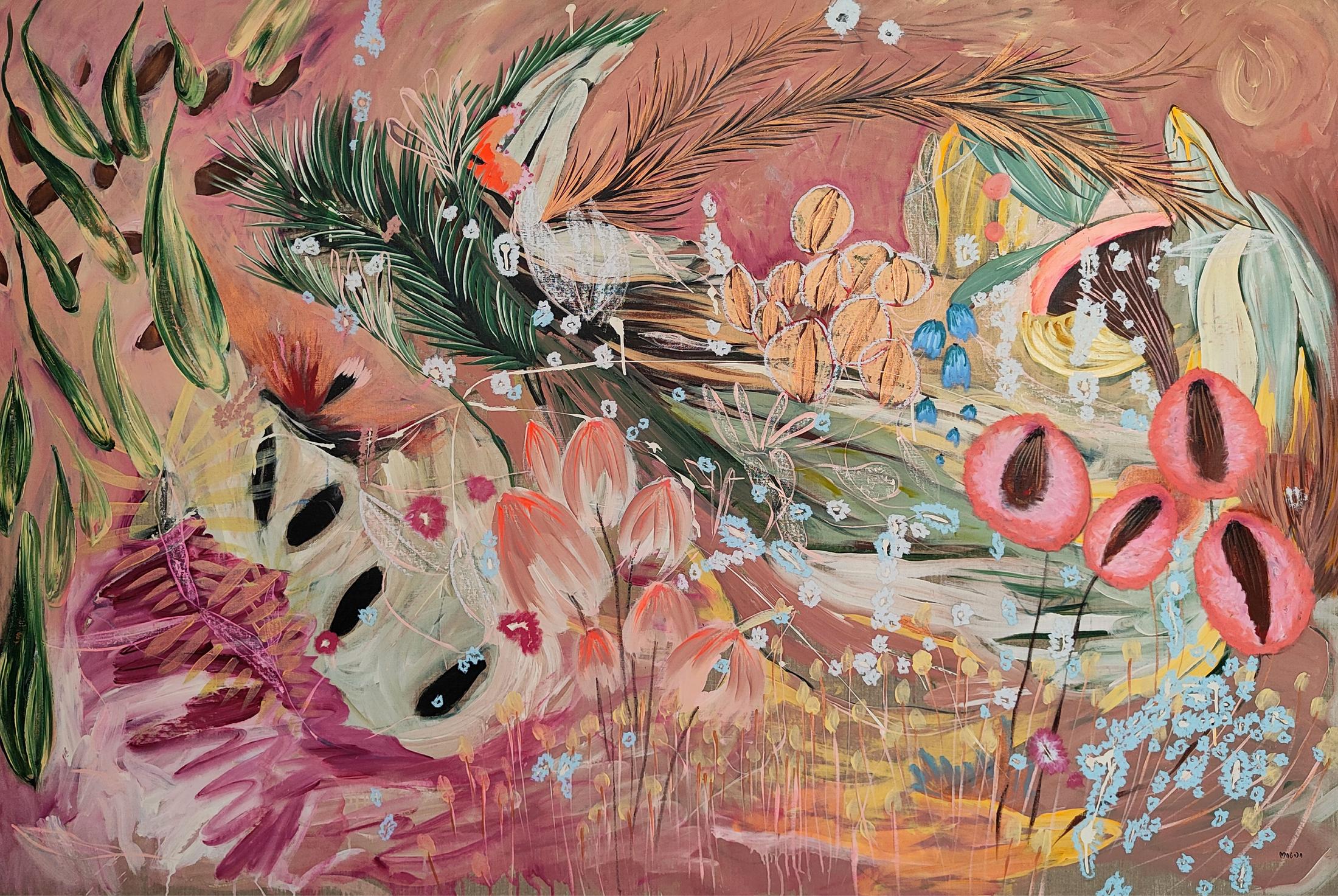 Exhibition View Solo Show Ileana Magoda «Angels of Power, Angels of Beauty ; view on It was just a tender longing, 2024, acrylic and oil paster on linen, 140 x 210 x 2.5 cm» at Bernheim Gallery, Zurich, 2024 / Photo: Annik Wetter / Courtesy: the artist and Bernheim Zürich/London