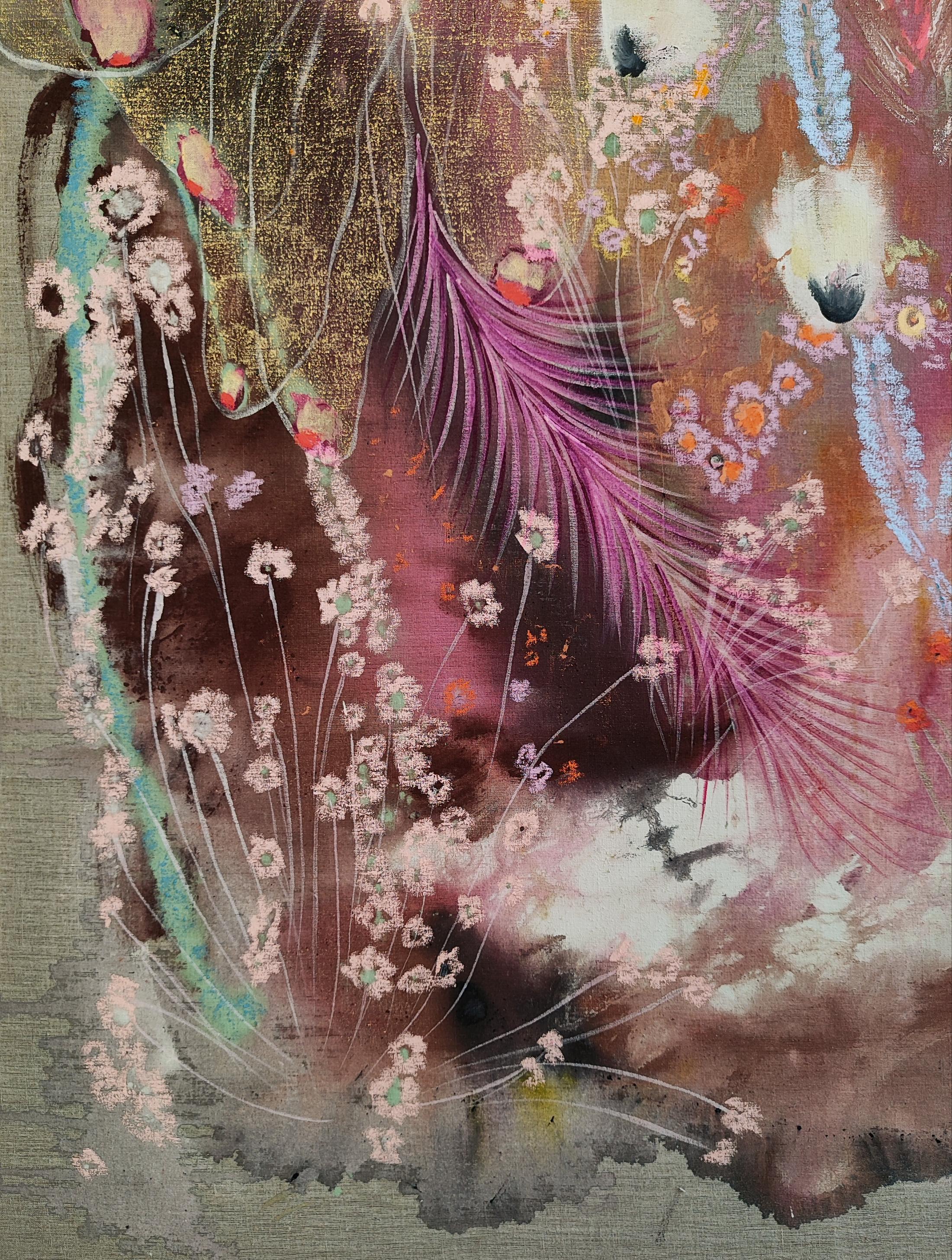 Exhibition View Solo Show Ileana Magoda «Angels of Power, Angels of Beauty ; view on Only the shining eyes were seen (detail), 2024, acrylic, oil pastel and rabbit skin glue imprimatura on linen, 140 x 120 x 2.5 cm» at Bernheim Gallery, Zurich, 2024 / Photo: Annik Wetter / Courtesy: the artist and Bernheim Zürich/London