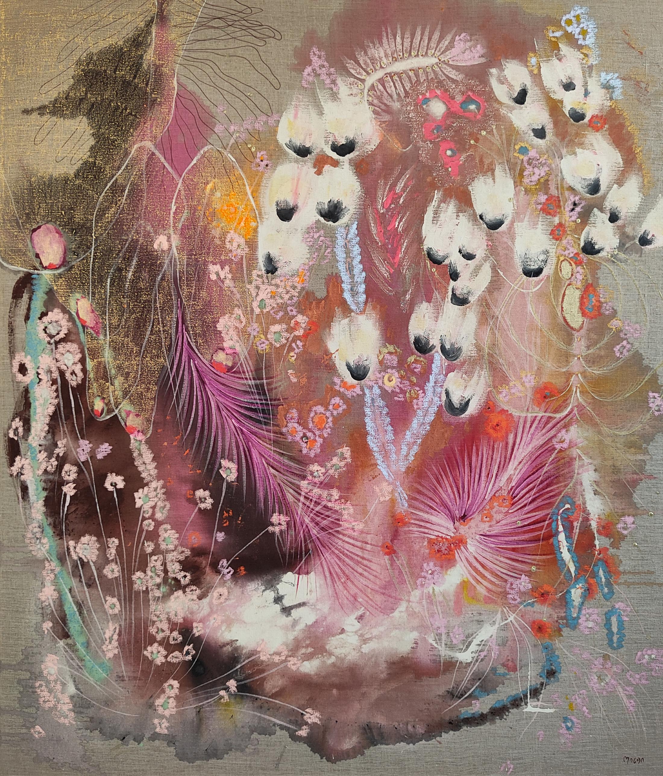 Exhibition View Solo Show Ileana Magoda «Angels of Power, Angels of Beauty ; view on Only the shining eyes were seen, 2024, acrylic, oil pastel and rabbit skin glue imprimatura on linen, 140 x 120 x 2.5 cm» at Bernheim Gallery, Zurich, 2024 / Photo: Annik Wetter / Courtesy: the artist and Bernheim Zürich/London