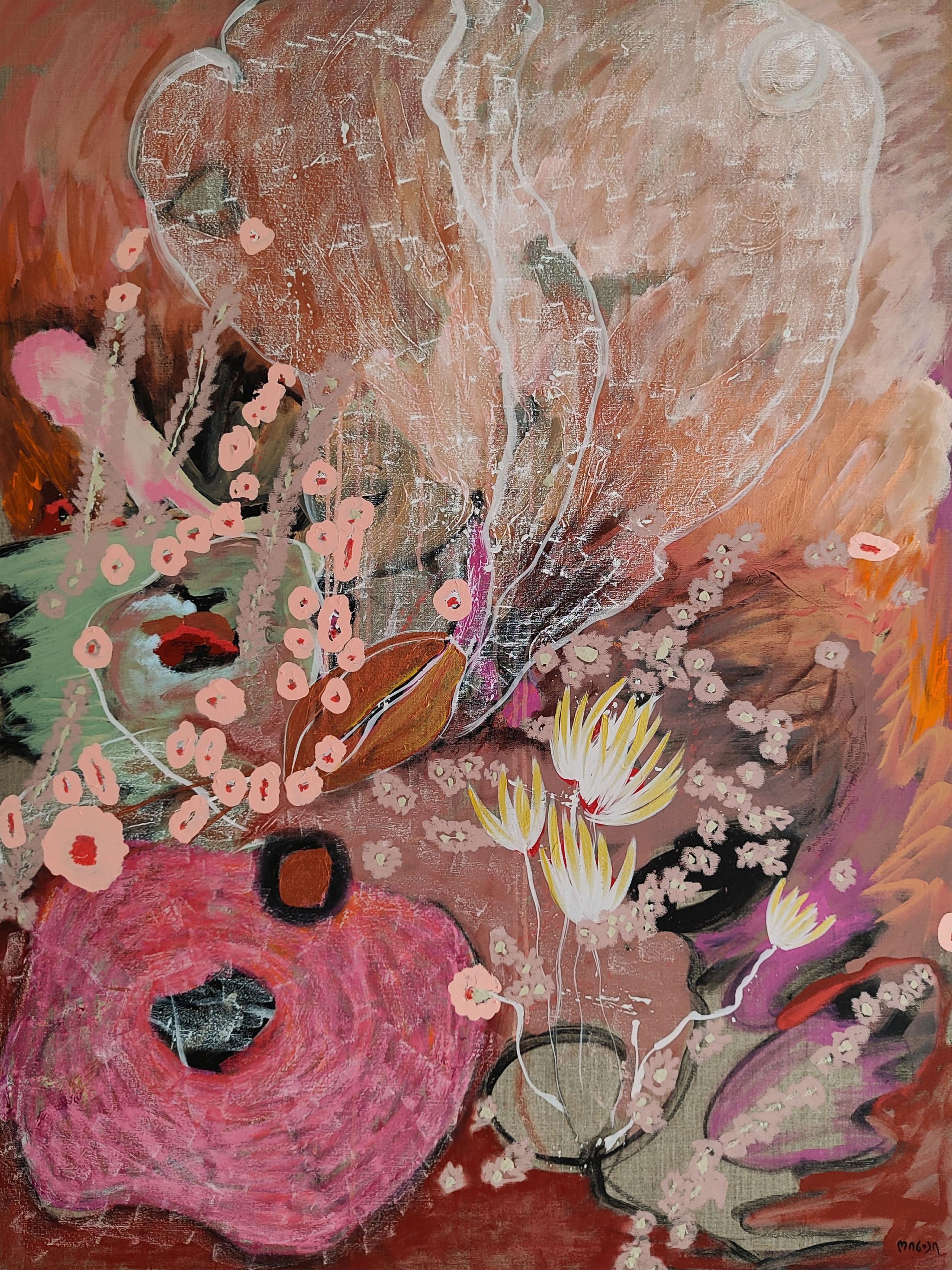 Exhibition View Solo Show Ileana Magoda «Angels of Power, Angels of Beauty; view on Garden of the hardship of life, 2024, acrylic and oil pastel on linen, 120 x 90 x 2.5 cm» at Bernheim Gallery, Zurich, 2024 / Photo: Annik Wetter / Courtesy: the artist and Bernheim Zürich/London