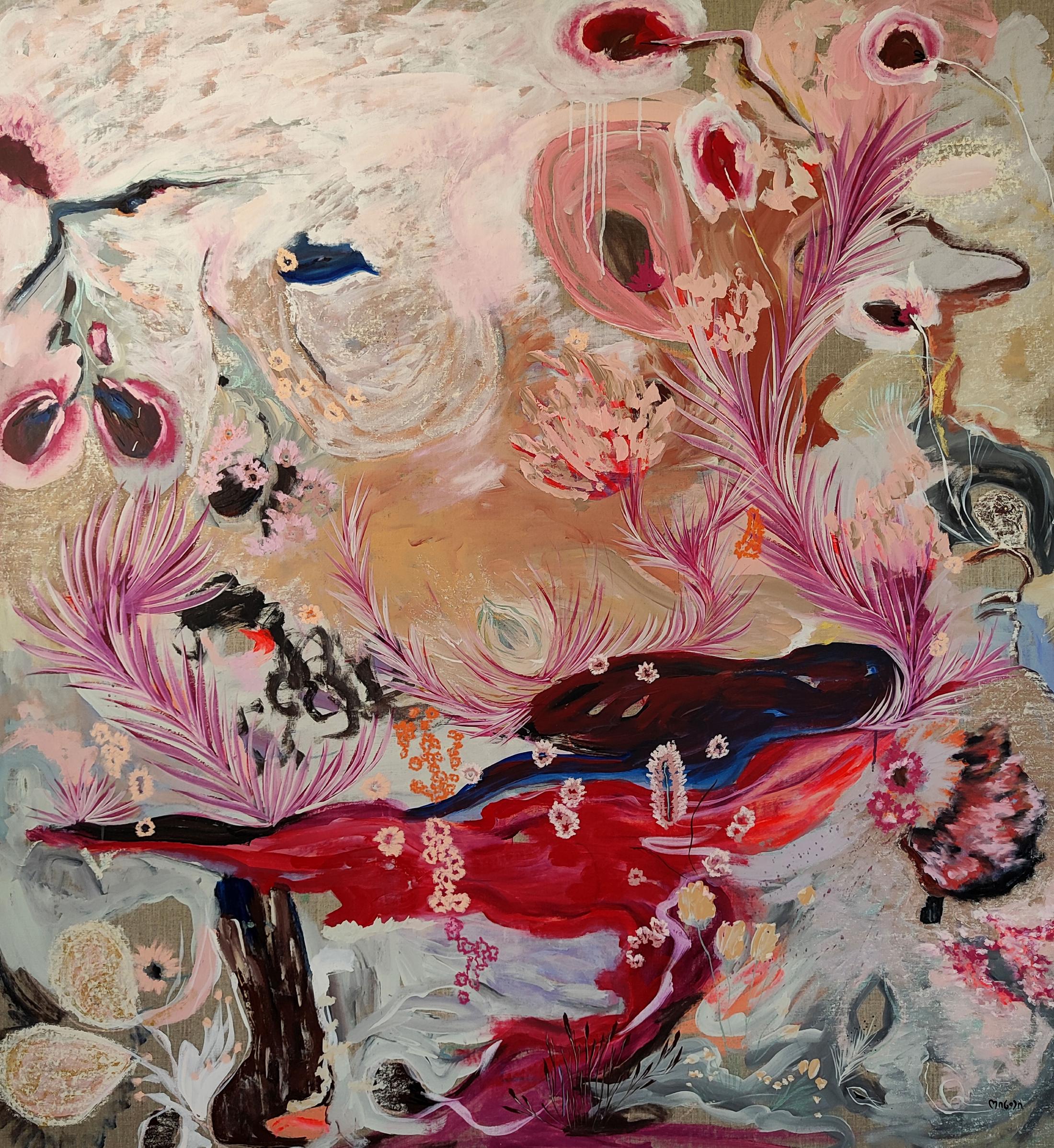 Exhibition View Solo Show Ileana Magoda «Angels of Power, Angels of Beauty ; view on Carried away in a powerful longing, 2024, acrylic and oil pastel on linen, 154 x 142 x 2.5 cm» at Bernheim Gallery, Zurich, 2024 / Photo: Annik Wetter / Courtesy: the artist and Bernheim Zürich/London