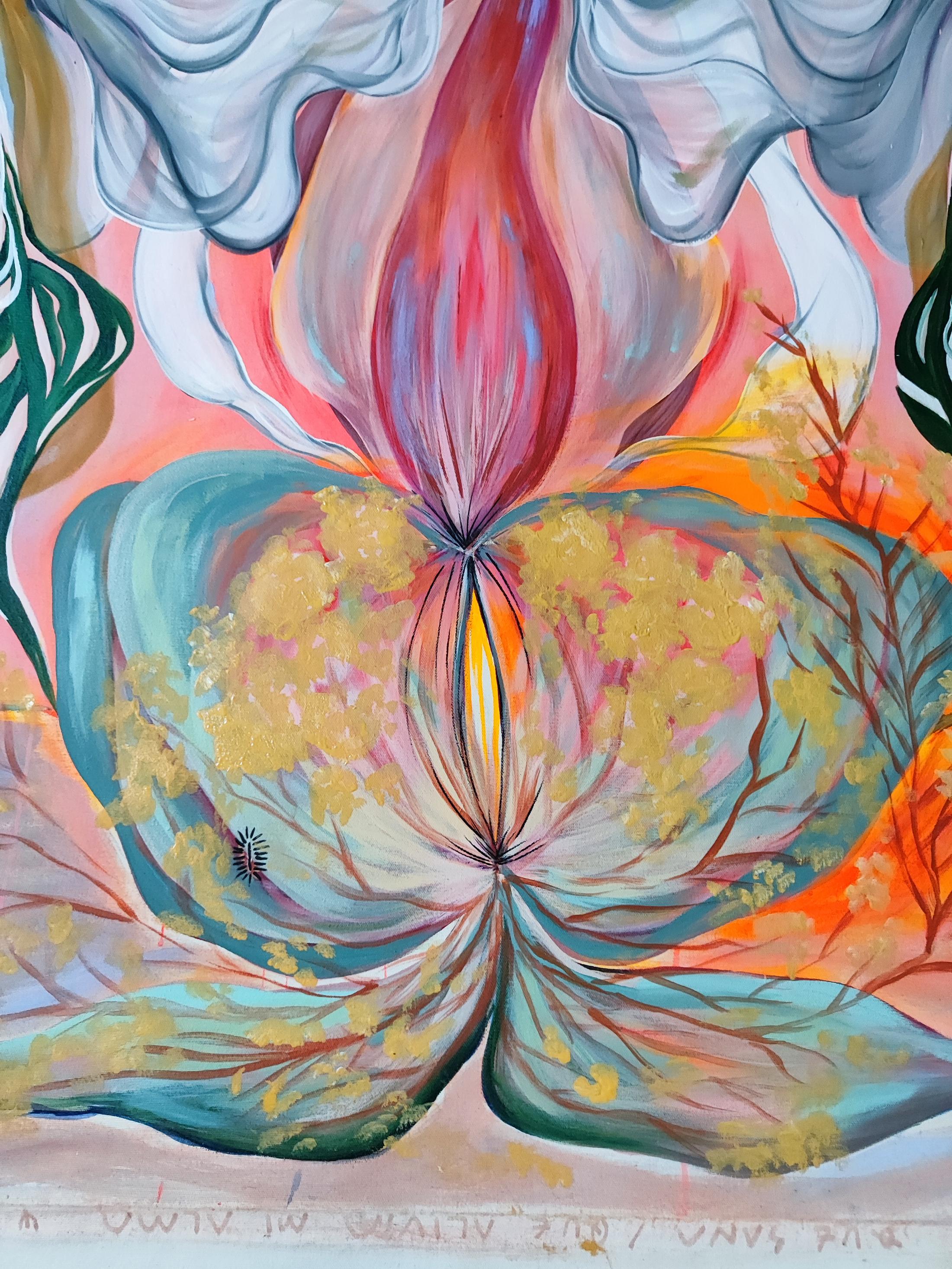 Exhibition View Solo Show Ileana Magoda «Angels of Power, Angels of Beauty ; view on Carta de la sacroileanitis crónica (detail), 2023, acrylic on cotton, rabbit skin glue imprimatur, 198 x 144 x 2.5 cm» at Bernheim Gallery, Zurich, 2024 / Photo: Annik Wetter / Courtesy: the artist and Bernheim Zürich/London