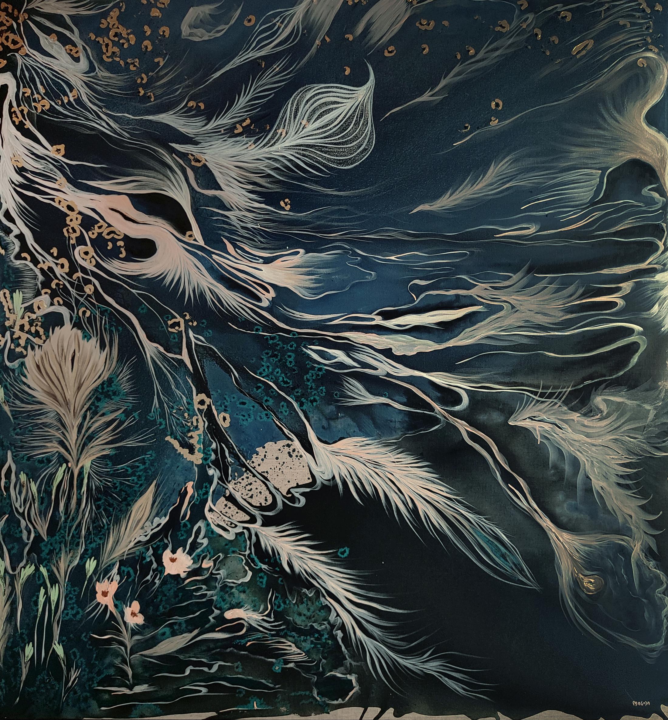 Exhibition View Solo Show Ileana Magoda «Angels of Power, Angels of Beauty ; view on I wish this night will never end, 2024, acrylic and oil pastel on linen, 195 x 175 x 2.5 cm » at Bernheim Gallery, Zurich, 2024 / Photo: Annik Wetter / Courtesy: the artist and Bernheim Zürich/London