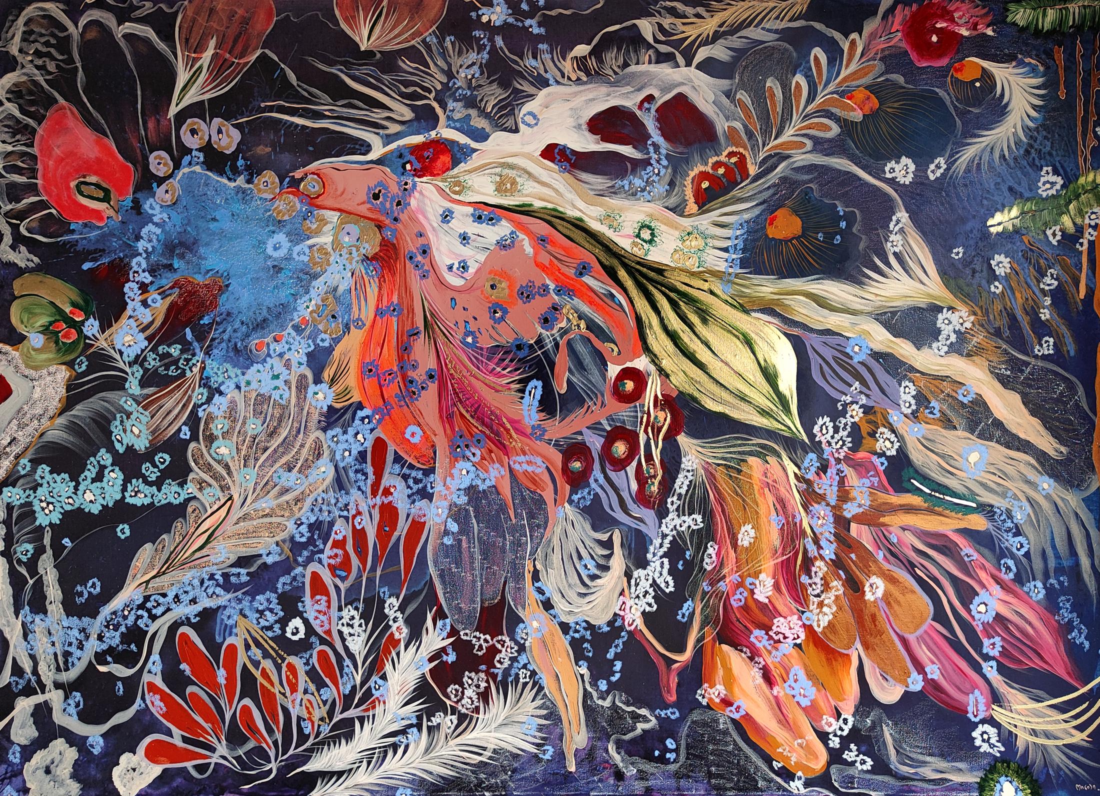 Exhibition View Solo Show Ileana Magoda «Angels of Power, Angels of Beauty ; view on Not the Joy of Love just the pain of love, 2024, acrylic and oil pastel on linen, 147 x 210 x 2.5 cm» at Bernheim Gallery, Zurich, 2024 / Photo: Annik Wetter / Courtesy: the artist and Bernheim Zürich/London