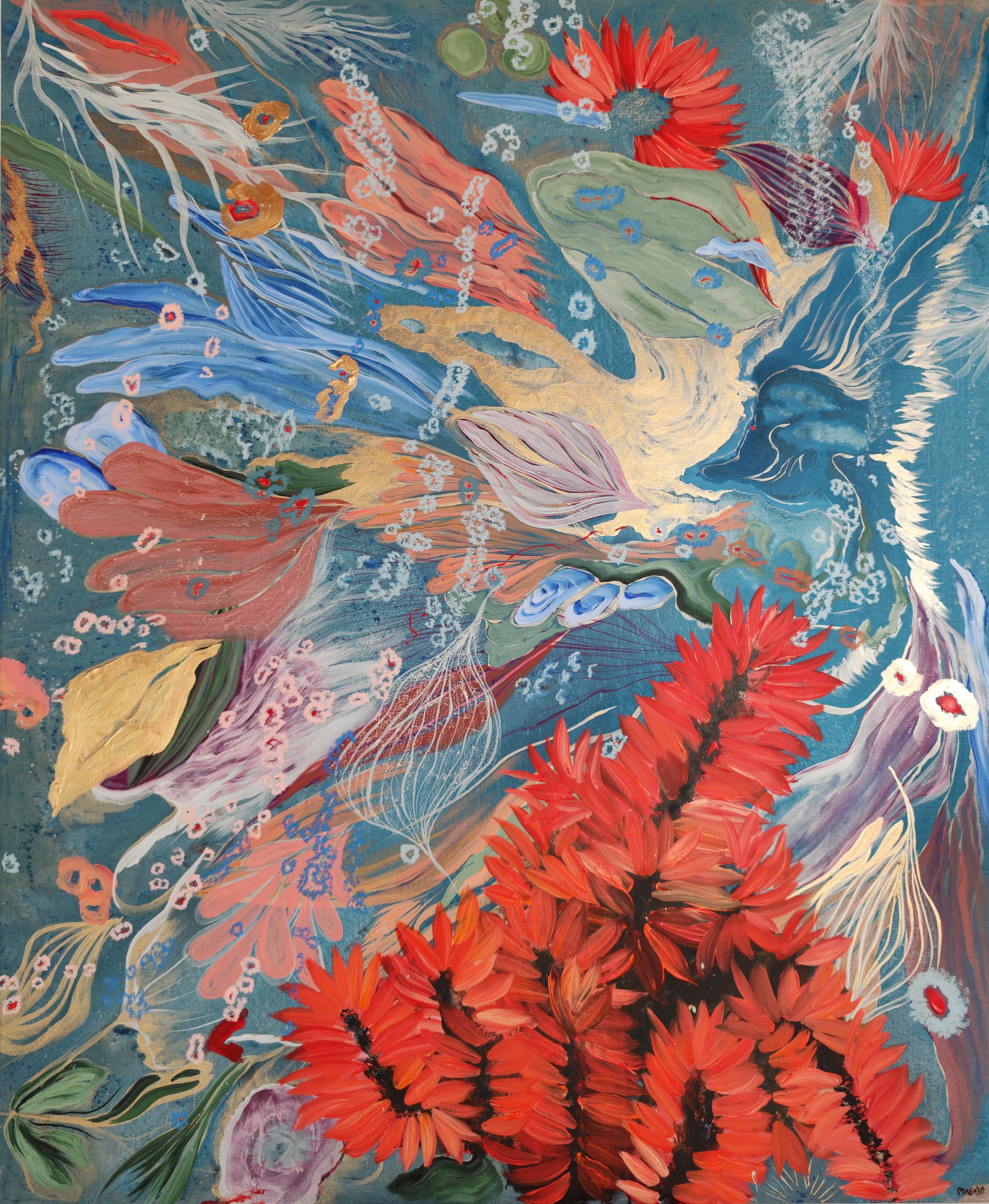 Exhibition View Solo Show Ileana Magoda «Angels of Power, Angels of Beauty ; view on The flame of the angels, 2024, acrylic and oil pastel on linen,, 170 x 140 x 2.5 cm» at Bernheim Gallery, Zurich, 2024 / Photo: Annik Wetter / Courtesy: the artist and Bernheim Zürich/London