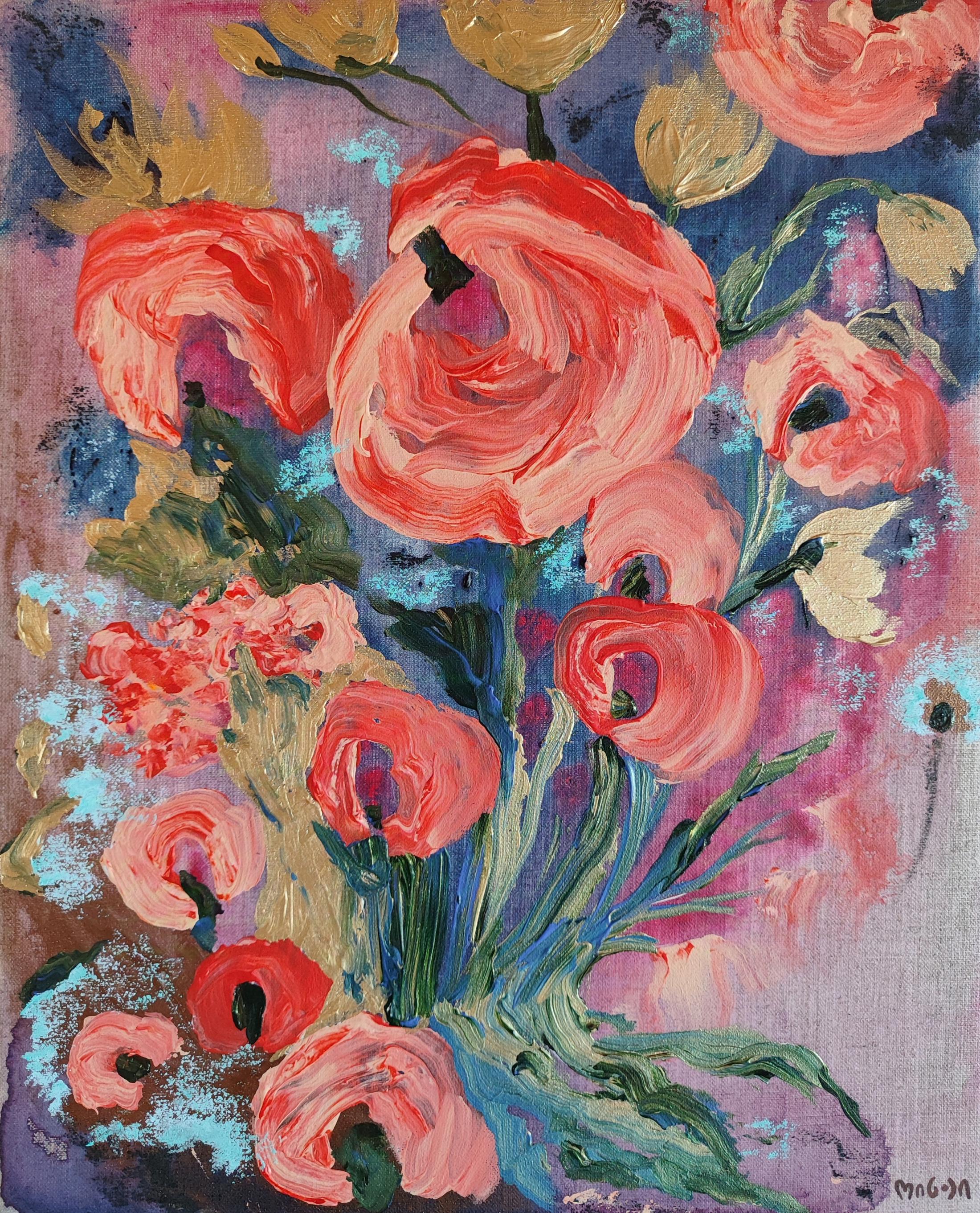 Exhibition View Solo Show Ileana Magoda «Angels of Power, Angels of Beauty ; view on Roses in the dusk, 2024, acrylic and oil pastel on linen, 50 x 40 x 2.5 cm» at Bernheim Gallery, Zurich, 2024 / Photo: Annik Wetter / Courtesy: the artist and Bernheim Zürich/London