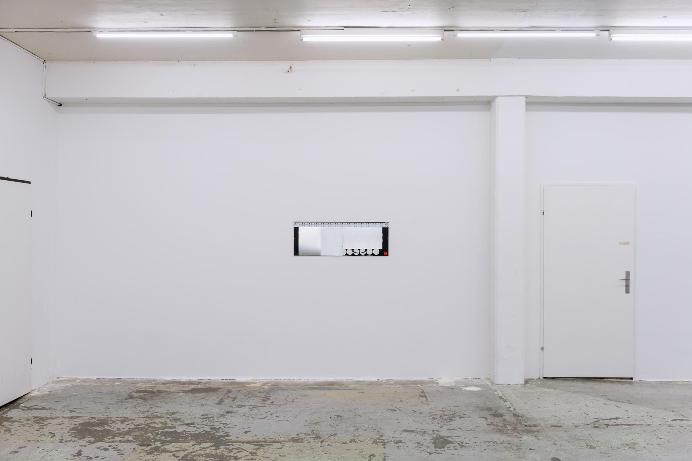 Exhibition View Duo Show «Image Volume ; view on Lorenza Longhi, Image Volume II, 2024, Metal, polarizing films, adhesive vinyl, laser print on paper, mdf, screws, 100 x 36 x 1 cm» at Toxi, Zurich, 2024 / Photo: Thomas Julier / Courtesy: the artists and Toxi Space