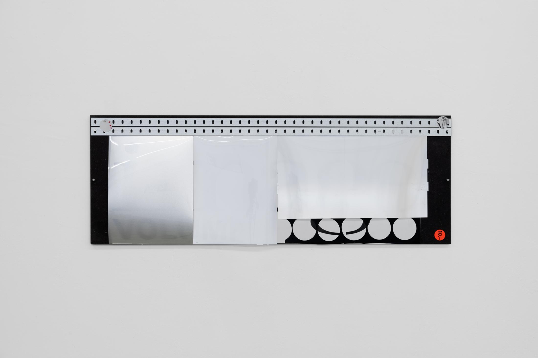 Exhibition View Duo Show «Image Volume ; view on Lorenza Longhi, Image Volume II, 2024, Metal, polarizing films, adhesive vinyl, laser print on paper, mdf, screws 100 x 36 x 1 cm» at Toxi, Zurich, 2024 / Photo: Thomas Julier / Courtesy: the artists and Toxi Space