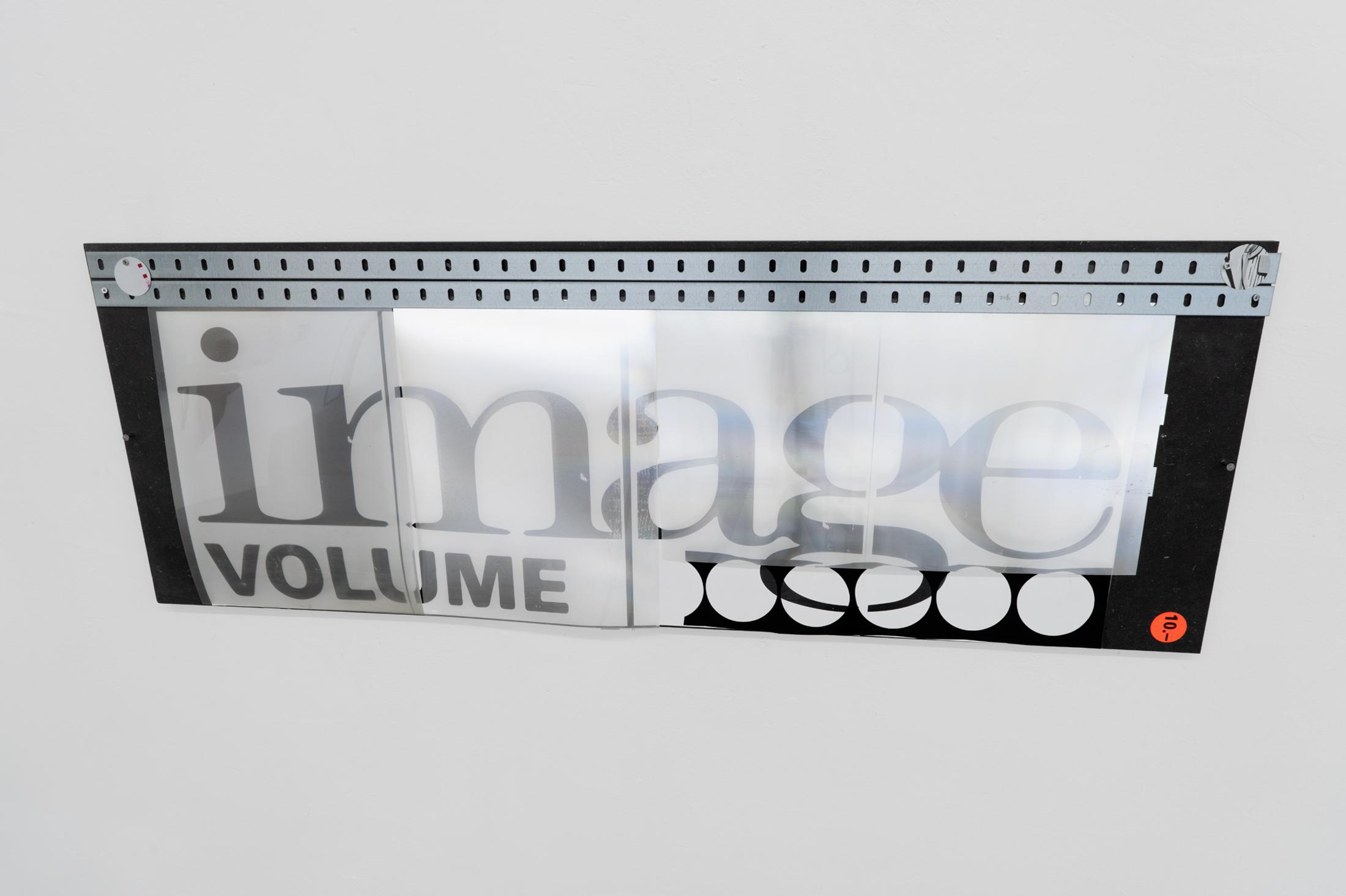 Exhibition View Duo Show «Image Volume ; view on Lorenza Longhi, Image Volume II, 2024, Metal, polarizing films, adhesive vinyl, laser print on paper, mdf, screws 100 x 36 x 1 cm» at Toxi, Zurich, 2024 / Photo: Thomas Julier / Courtesy: the artists and Toxi Space