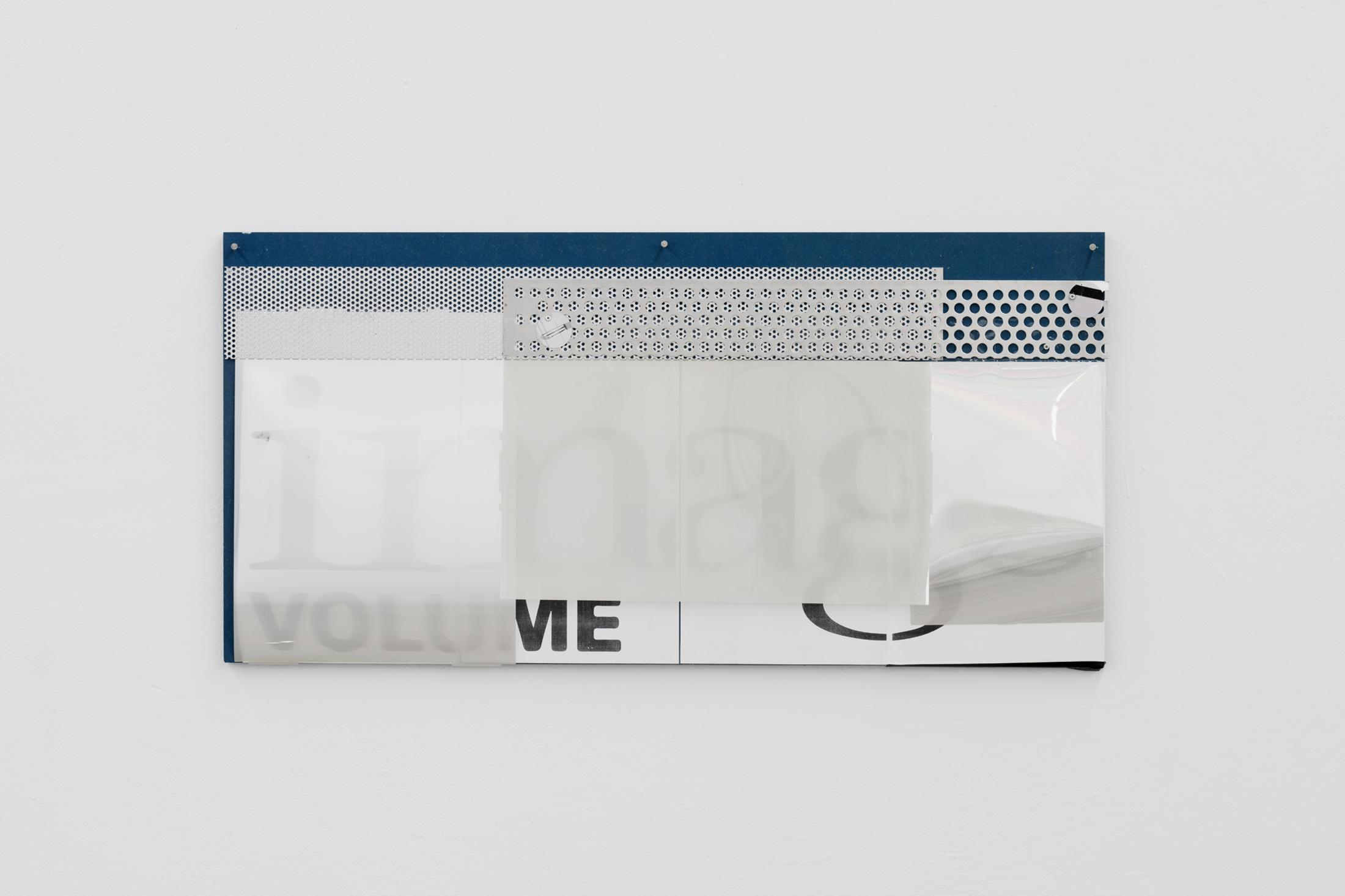 Exhibition View Duo Show «Image Volume ; view on Lorenza Longhi, Image Volume III, 2024, Metal, polarizing films, laser print on paper, mdf, screws, 86 x 42,5 x 1,5 cm» at Toxi, Zurich, 2024 / Photo: Thomas Julier / Courtesy: the artists and Toxi Space