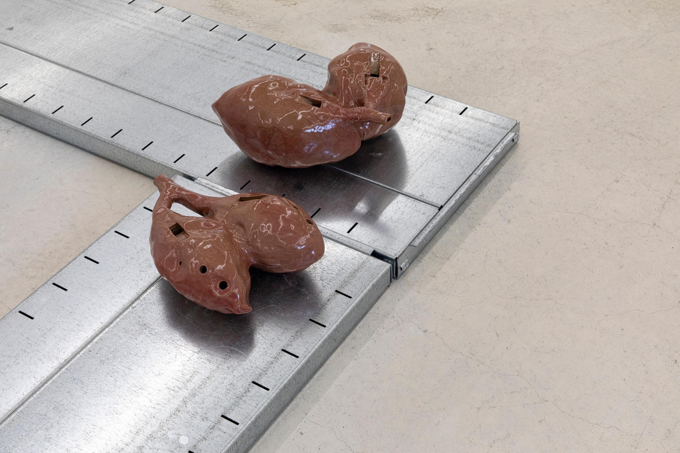 Exhibition View Group Show «Instant Rumor; view on Leonardo Bürgi Tenorio, from wind to lung, glazed ceramics, variable dimensions and Margherita Raso, Sidesteps, metal shelves, 160 x 160 x 3.5 cm, 2024» at Ausstellungsraum Klingental, Basel, 2024 / Photo: Nina Rieben / Courtesy: the artists and Ausstellungsraum Klingental