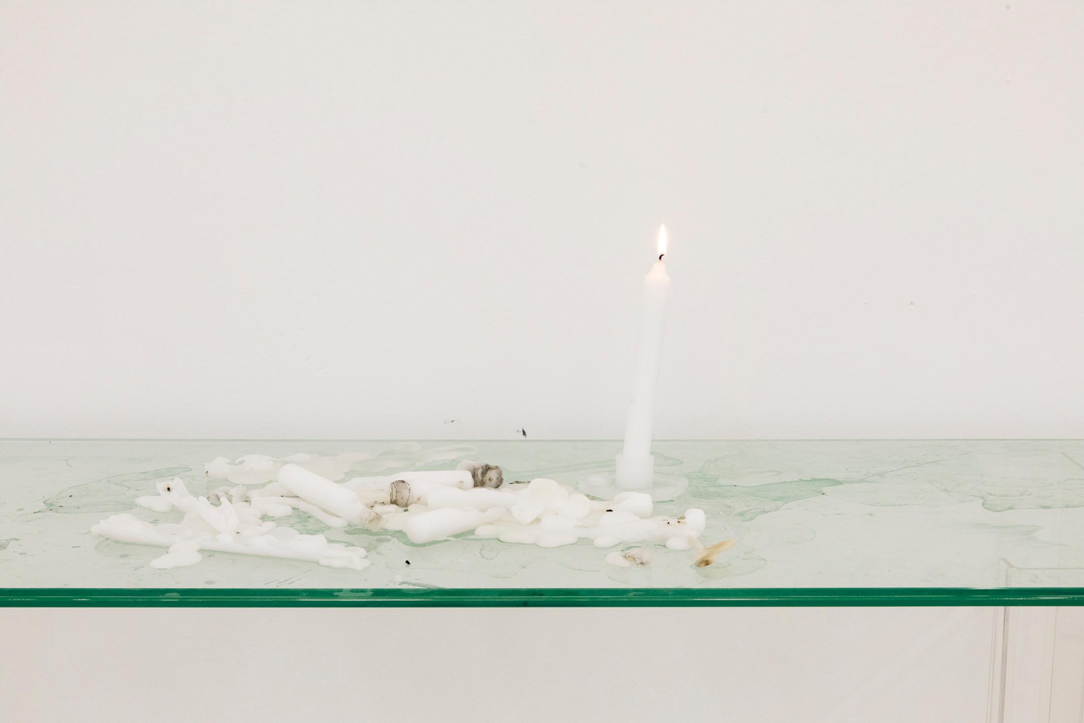 Exhibition View Group Show «Instant Rumor; view on Amélie Bodenmann, Slipstream, glass tables, ice (waterglas, beer bottle, candleholder, ashtray, chair) Installation variable, 2024» at Ausstellungsraum Klingental, Basel, 2024 / Photo: Nina Rieben / Courtesy: the artists and Ausstellungsraum Klingental