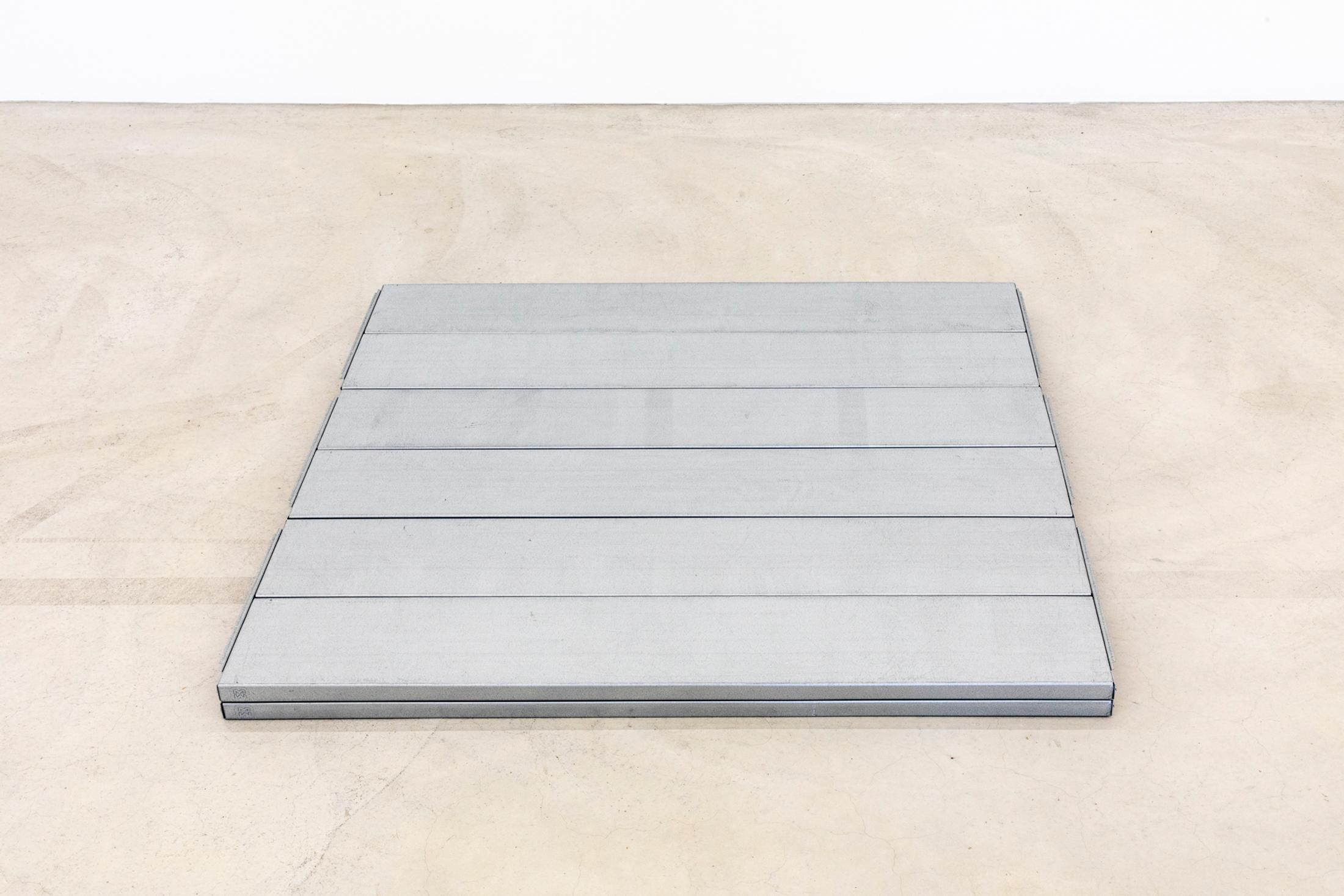 Exhibition View Group Show «Instant Rumor; view on Margherita Raso, Sidesteps, metal shelves, 130 x 122 x 7 cm, 2024» at Ausstellungsraum Klingental, Basel, 2024 / Photo: Nina Rieben / Courtesy: the artists and Ausstellungsraum Klingental