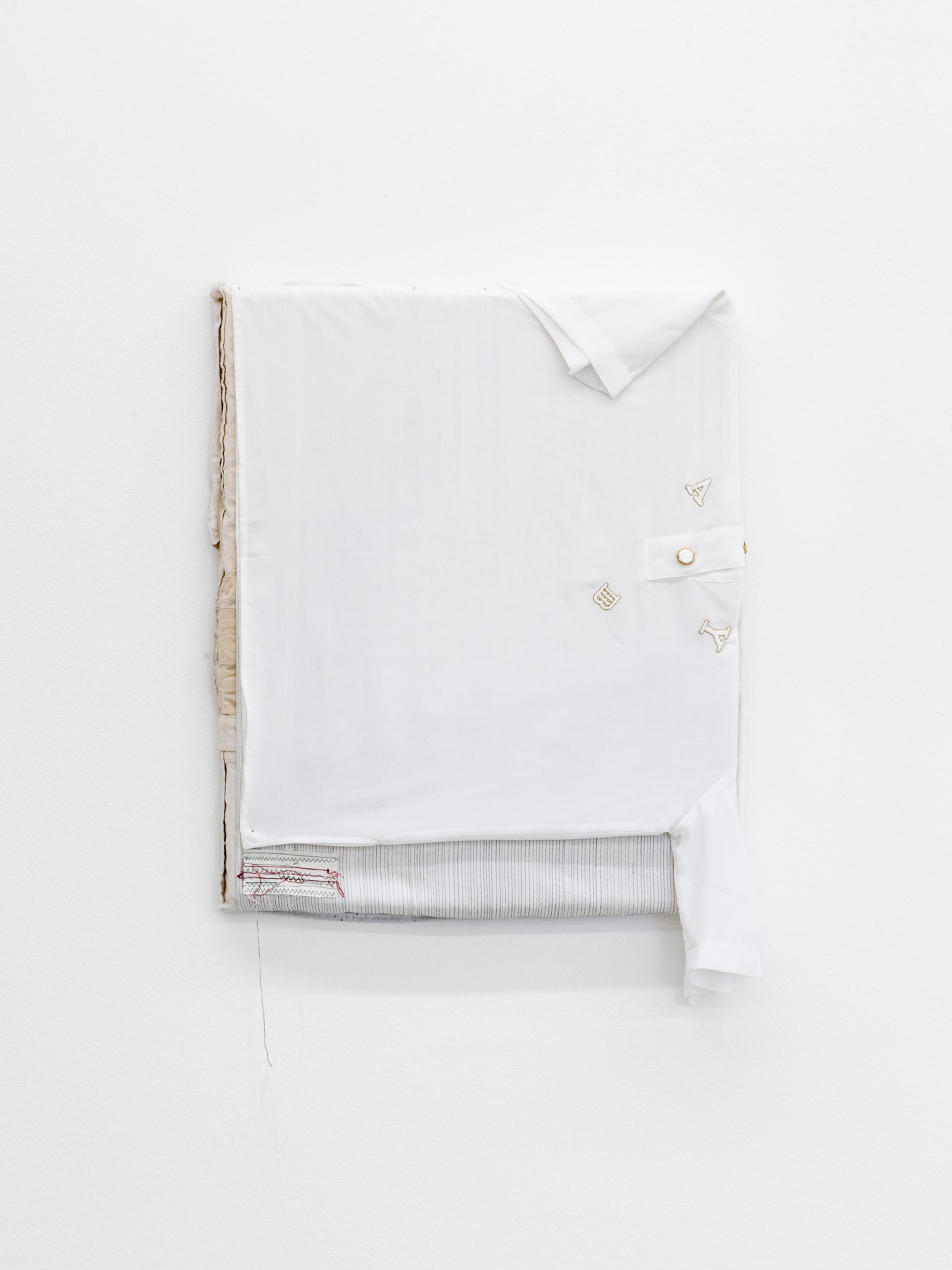 Exhibition View Group Show «Instant Rumor; view on Nina Rieben, maybe (Lange Ärmel für die Intention), artist’s garments, appliqués, pins, foam, 62 x 51 x 5 cm, 2024» at Ausstellungsraum Klingental, Basel, 2024 / Photo: Nina Rieben / Courtesy: the artists and Ausstellungsraum Klingental