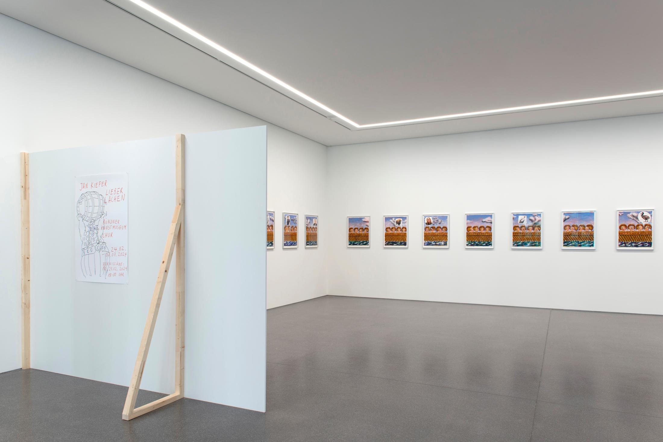 Exhibition View Solo Show Jan Kiefer «Rather Laugh» at Bündner Kunstmuseum, Chur, 2024 / Photo: Thomas Strub / Courtesy: The artist and Bündner Kunstmuseum Chur