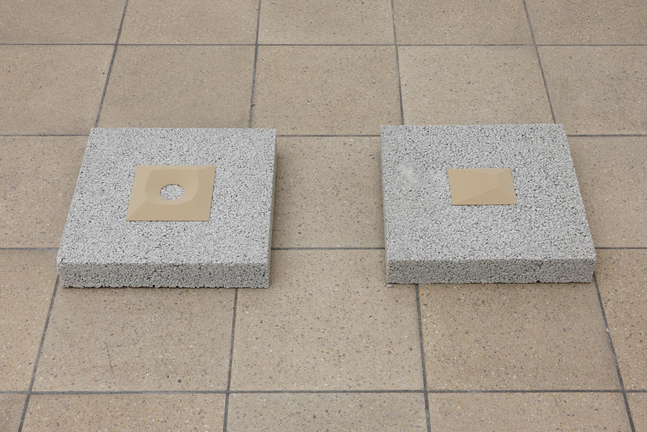 Exhibition View Solo Show Jay Chung & Q Takeki Maeda «GNOMONS 髀; view on Jay Chung & Q Takeki Maeda, The Rate of Foxtail Millet for Proso Millet, 2024, Quartz sand, binder, cement, gravel, each, 34.8 x 34.8 x 8 cm, overall 34.8 x 89.6 x 8 cm» at Kunsthaus Glarus, Glarus, 2024 / Photo: Gina Folly / Courtesy: the artists and Kunsthaus Glarus