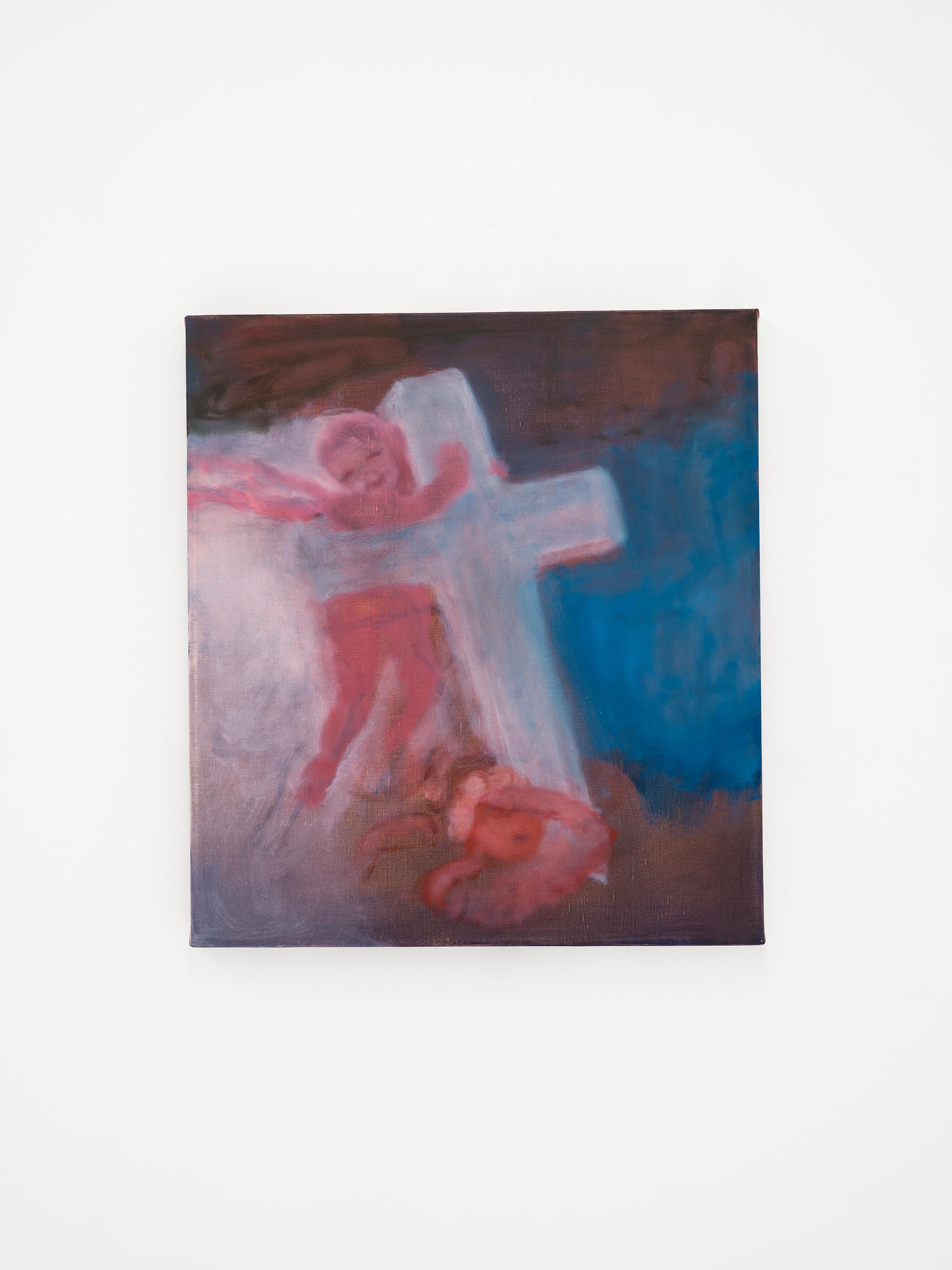 Exhibition View Julia Dubsky Solo Show «.A; view on Julia Dubsky, Charles Bridge Angels, 2023, oil on linen, 45 × 50 cm» at Kirchgasse Gallery, Steckborn, 2023-2024 / Photo: Cedric Mussano / Courtesy: the artist and Kirchgasse Gallery