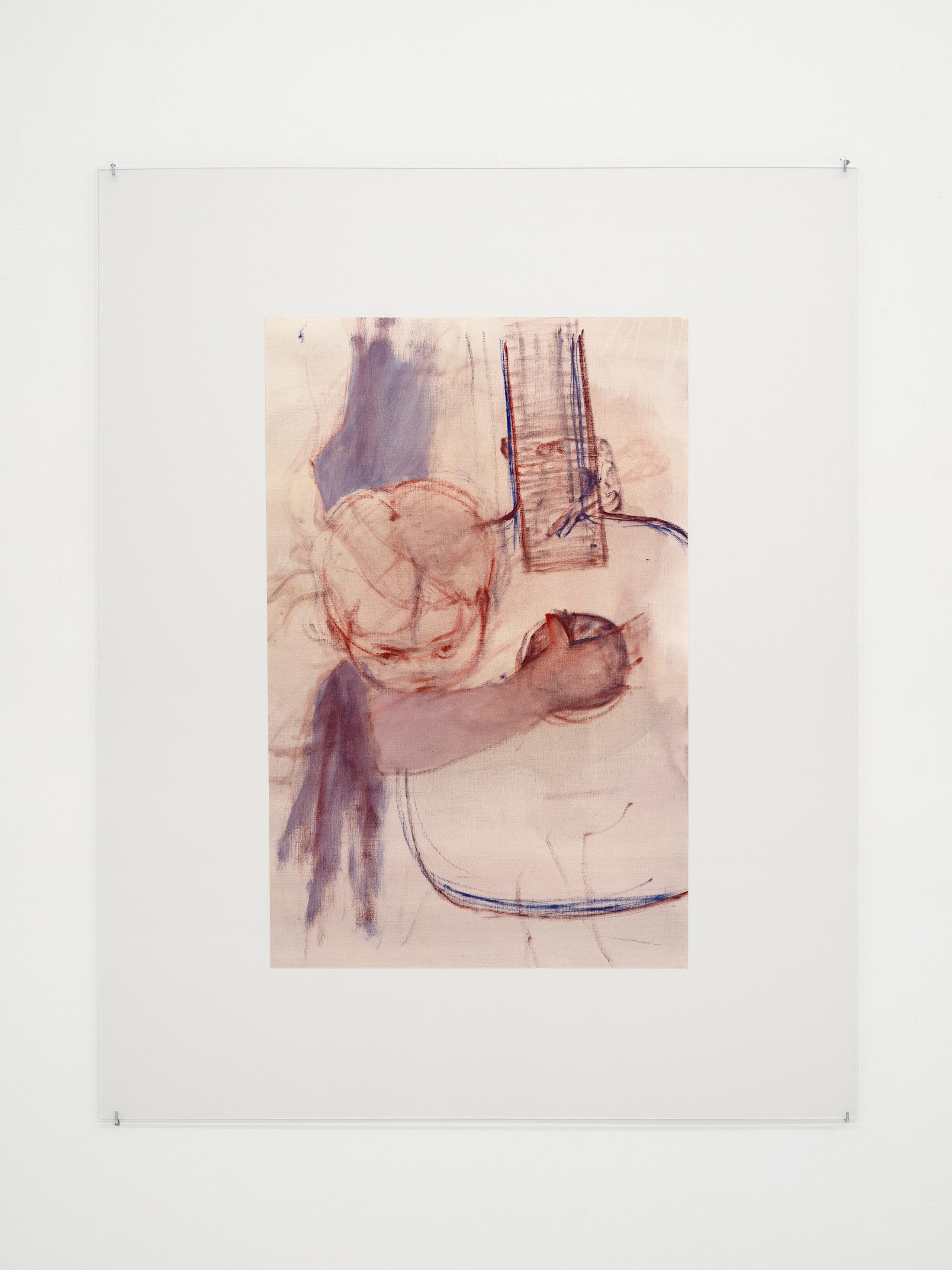 Exhibition View Julia Dubsky Solo Show «.A; view on Julia Dubsky, wie meinst du das (guitar), 2023, oil on primed paper, 53.2 × 34.2 cm» at Kirchgasse Gallery, Steckborn, 2023-2024 / Photo: Cedric Mussano / Courtesy: the artist and Kirchgasse Gallery