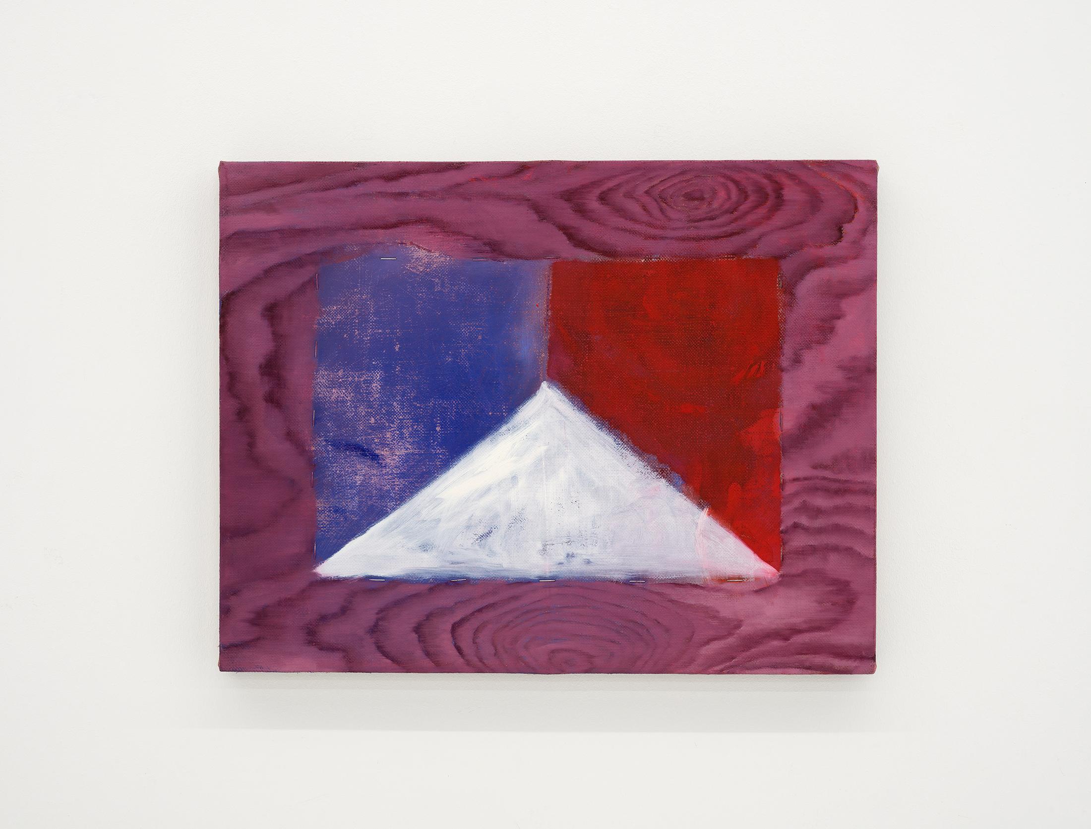 Exhibition View Julia Dubsky Solo Show «.A; view on Julia Dubsky, Where you have red and blue, you’ll have purple. (CZ), 2023, oil on linen and staples, 35 × 45 cm» at Kirchgasse Gallery, Steckborn, 2023-2024 / Photo: Cedric Mussano / Courtesy: the artist and Kirchgasse Gallery