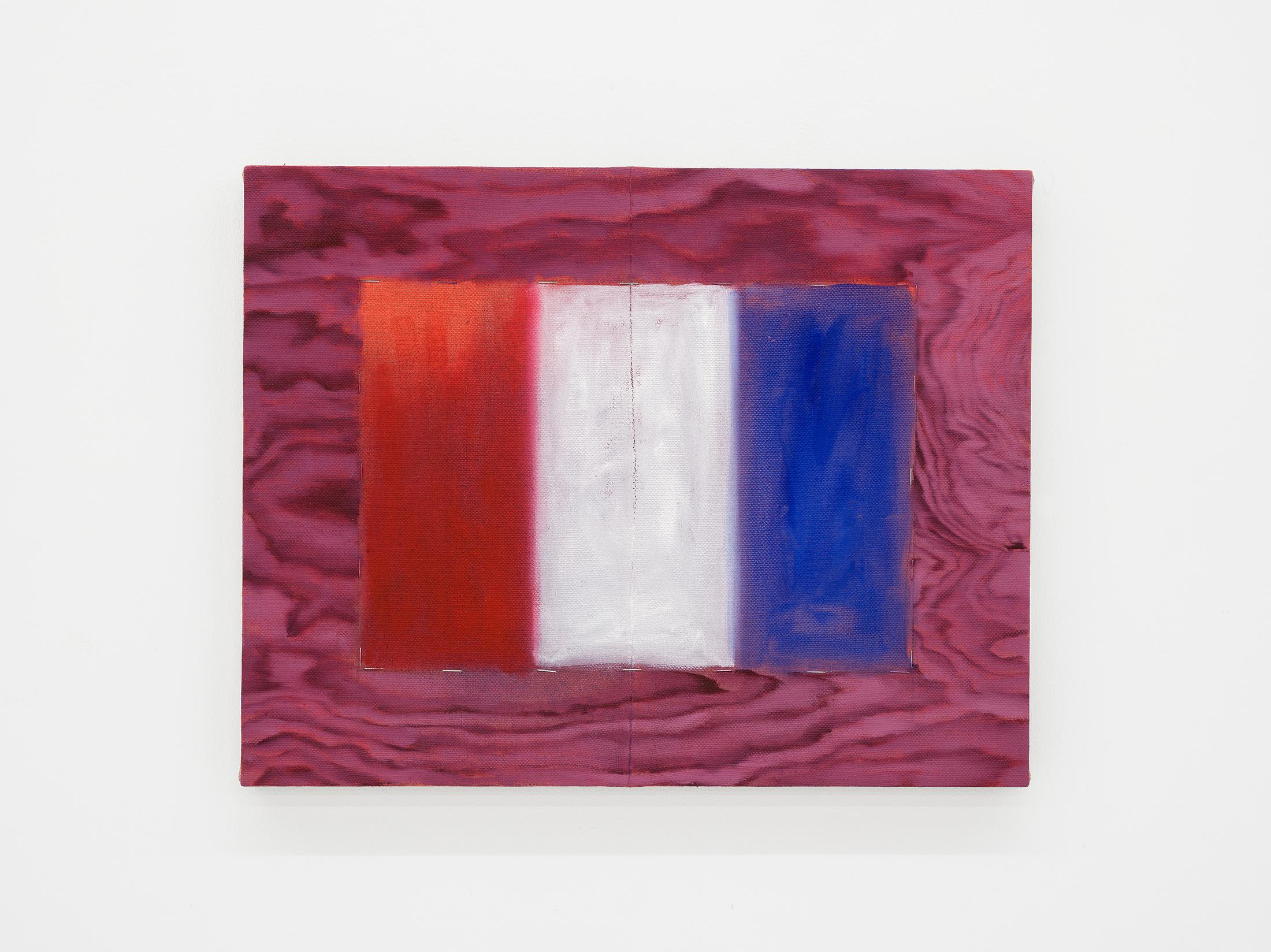 Exhibition View Julia Dubsky Solo Show «.A; view on Julia Dubsky, Where you have red and blue, you’ll have purple. (FR), 2023, oil on linen and staples, 35 × 45 cm» at Kirchgasse Gallery, Steckborn, 2023-2024 / Photo: Cedric Mussano / Courtesy: the artist and Kirchgasse Gallery