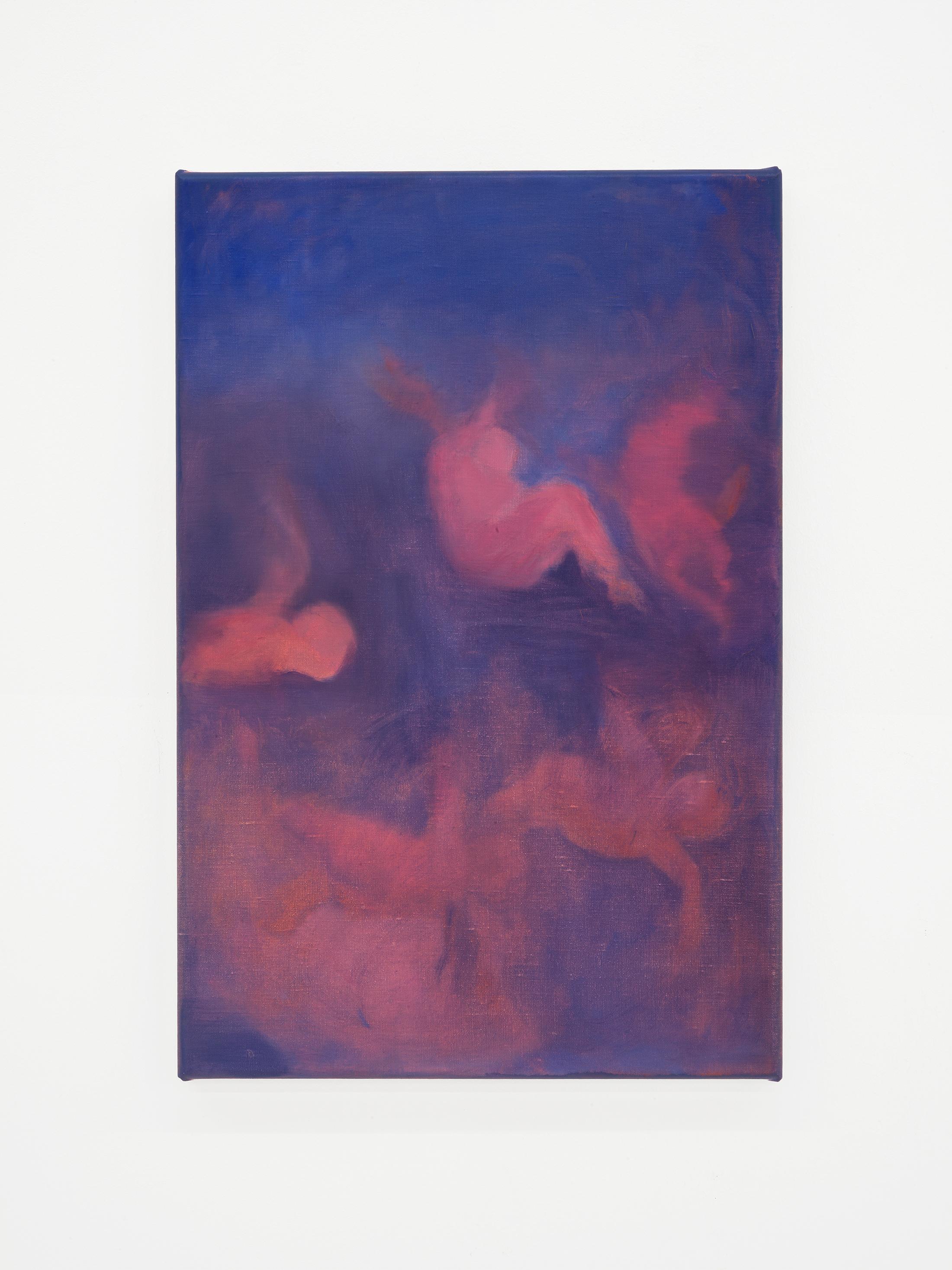 Exhibition View Julia Dubsky Solo Show «.A; view on Julia Dubsky, imitation (3 or 4), 2023, oil on linen, 40 × 65 cm» at Kirchgasse Gallery, Steckborn, 2023-2024 / Photo: Cedric Mussano / Courtesy: the artist and Kirchgasse Gallery