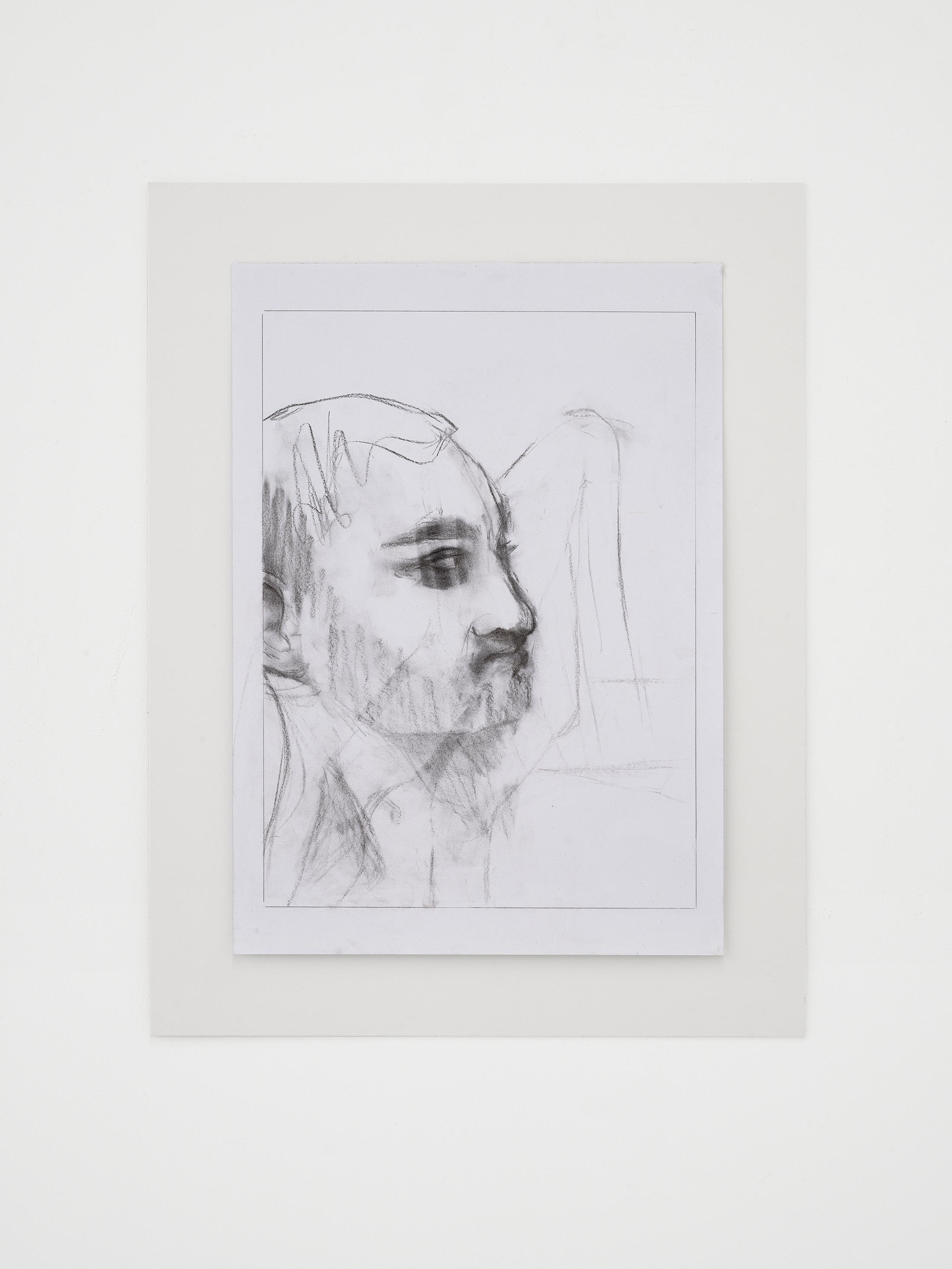 Exhibition View Julia Dubsky Solo Show «.A; view on Julia Dubsky,  Adult Angel (F.R.), 2023, charcoal on paper, 41.8 × 29.7 cm» at Kirchgasse Gallery, Steckborn, 2023-2024 / Photo: Cedric Mussano / Courtesy: the artist and Kirchgasse Gallery
